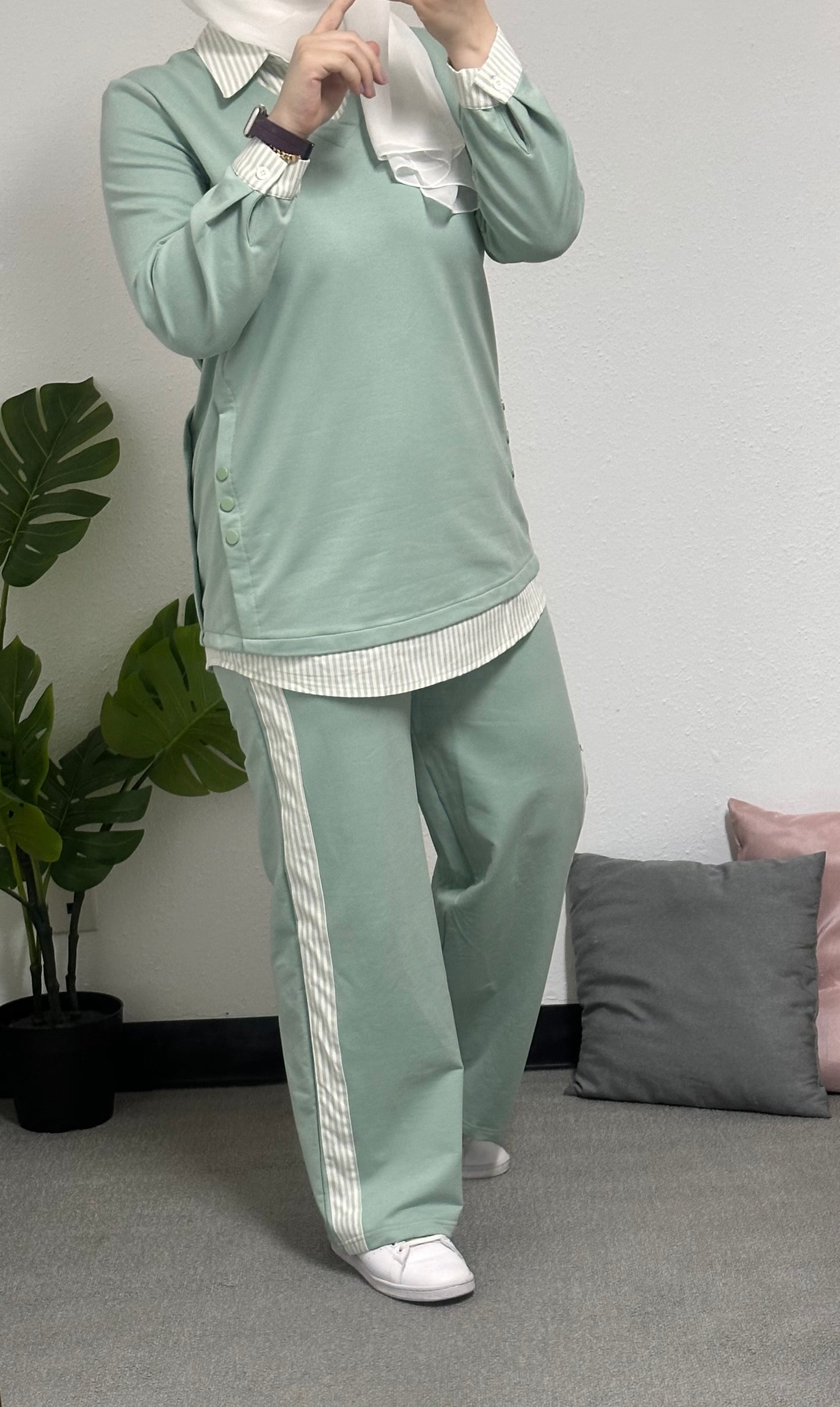 Two-piece cotton tracksuit with an attached striped shirt by