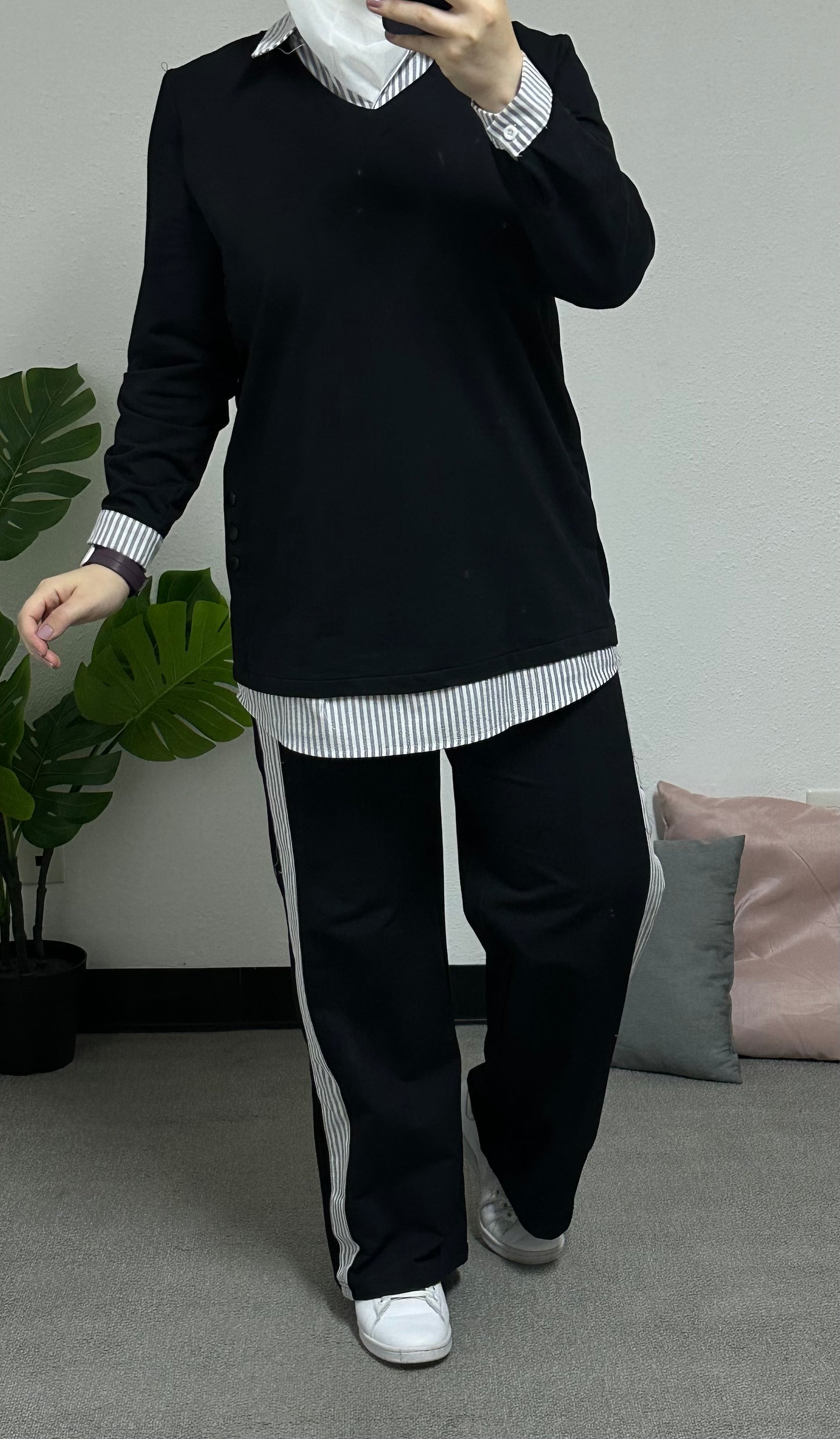 Two-piece cotton tracksuit with an attached striped shirt by