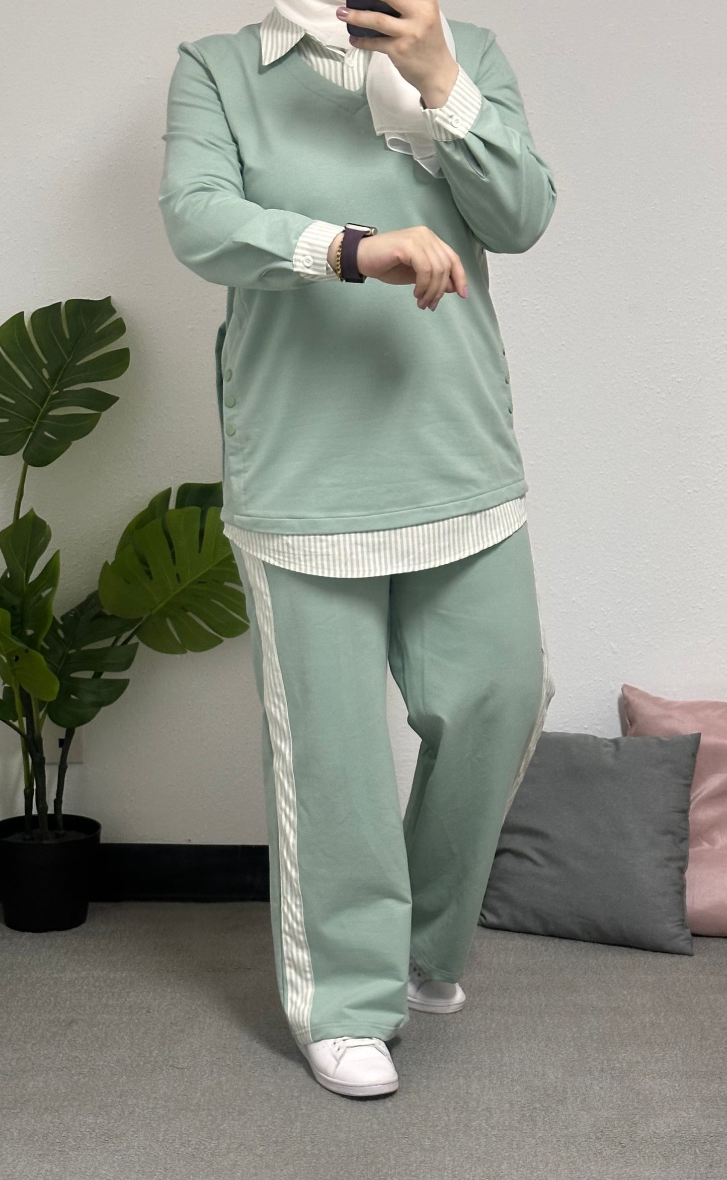 Two-piece cotton tracksuit with an attached striped shirt by