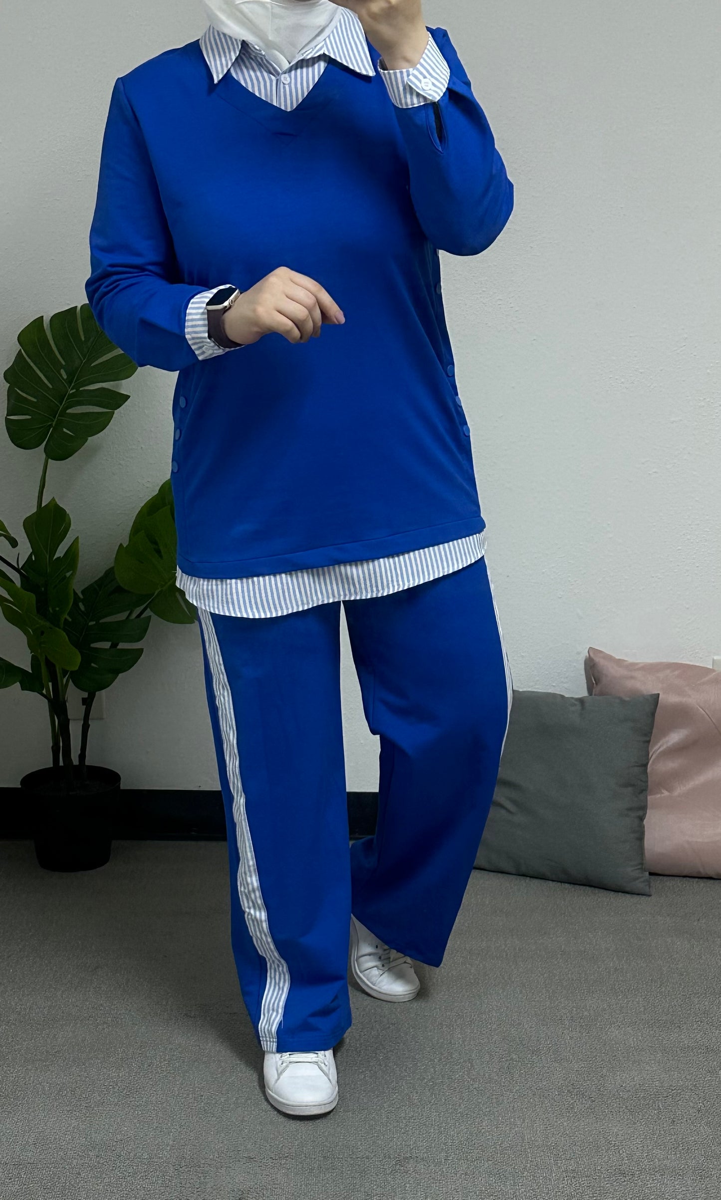 Two-piece cotton tracksuit with an attached striped shirt by