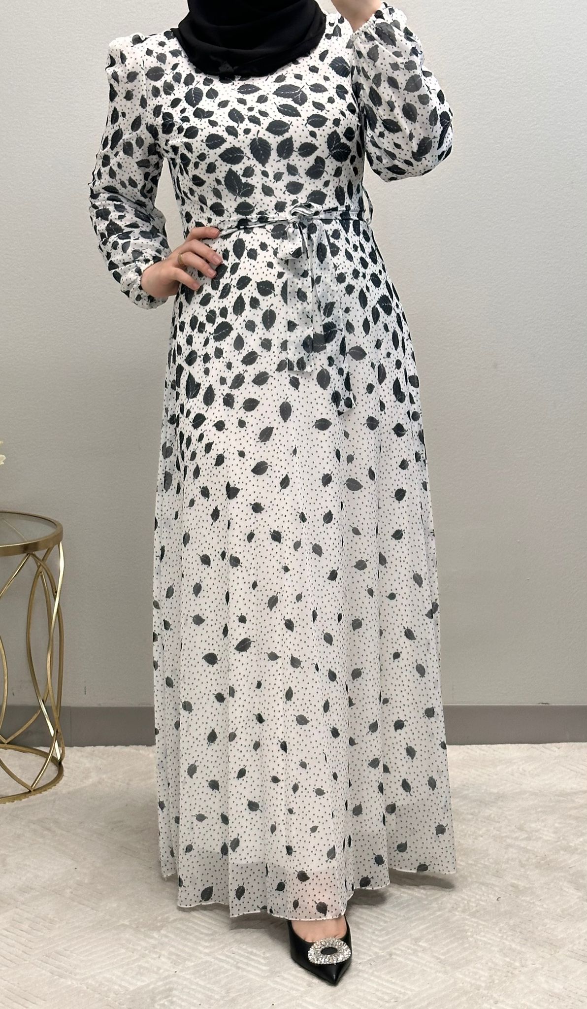 Feather Print Chiffon Maxi Dress: Fully Lined