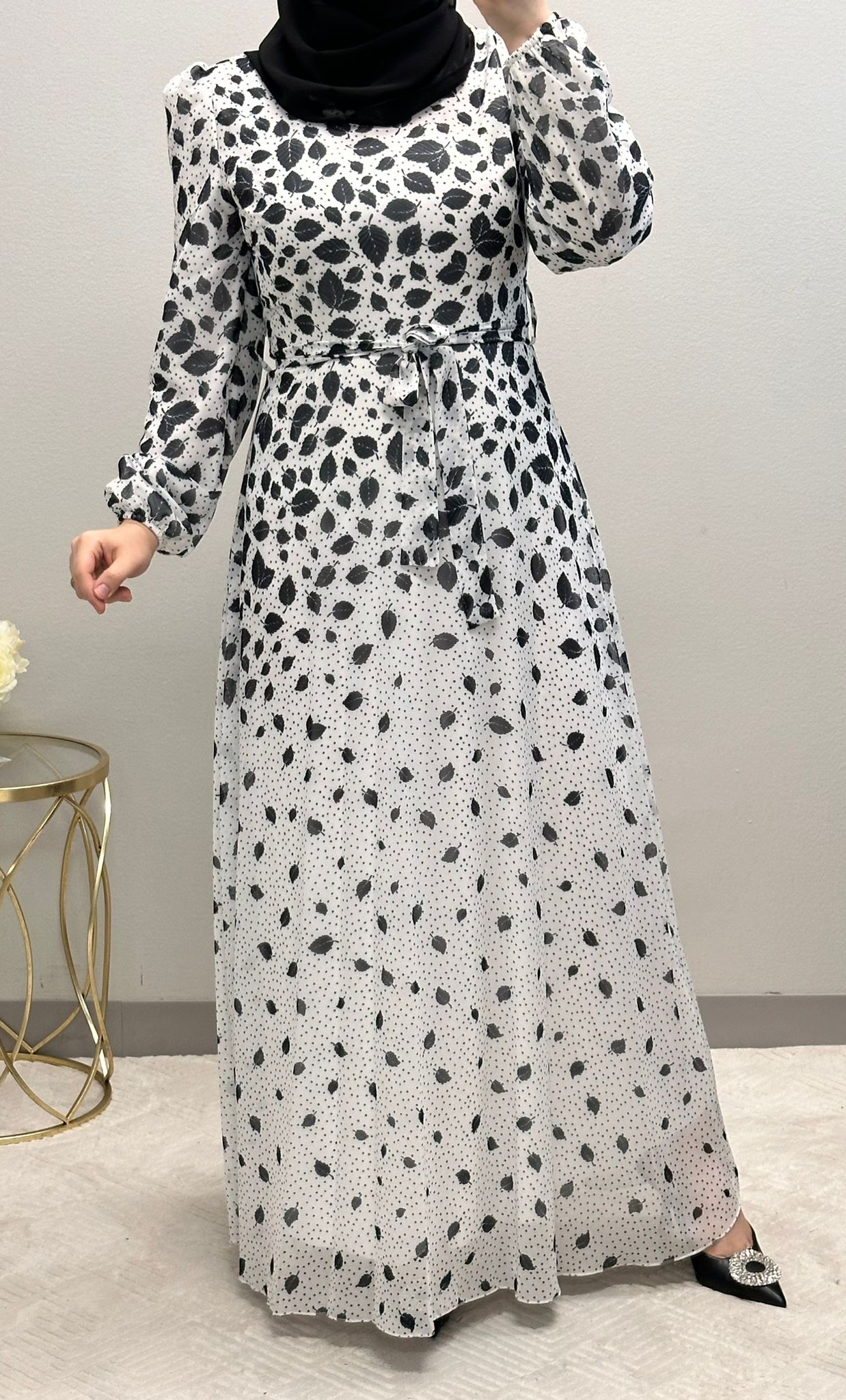 Feather Print Chiffon Maxi Dress: Fully Lined