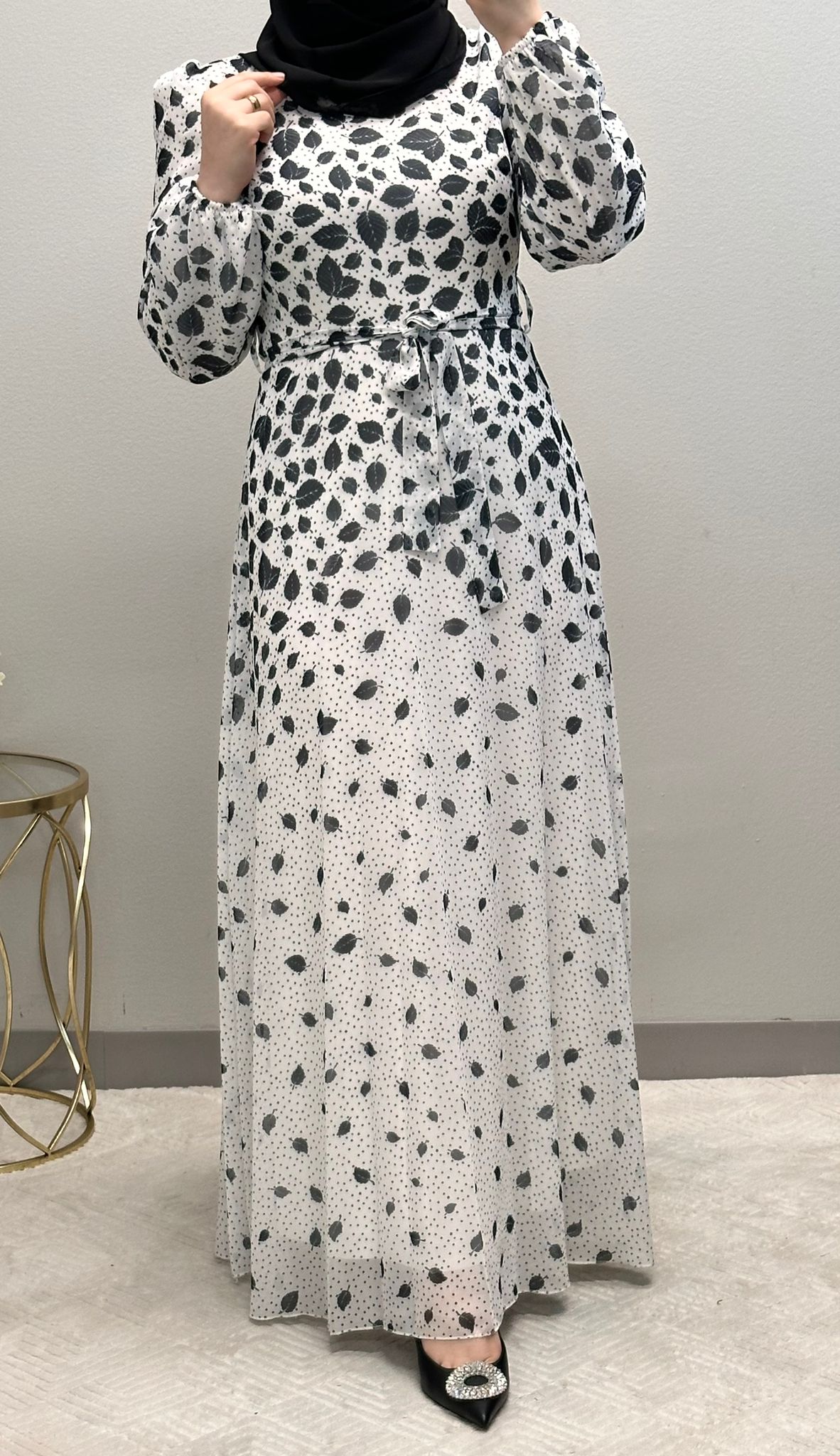 Feather Print Chiffon Maxi Dress: Fully Lined