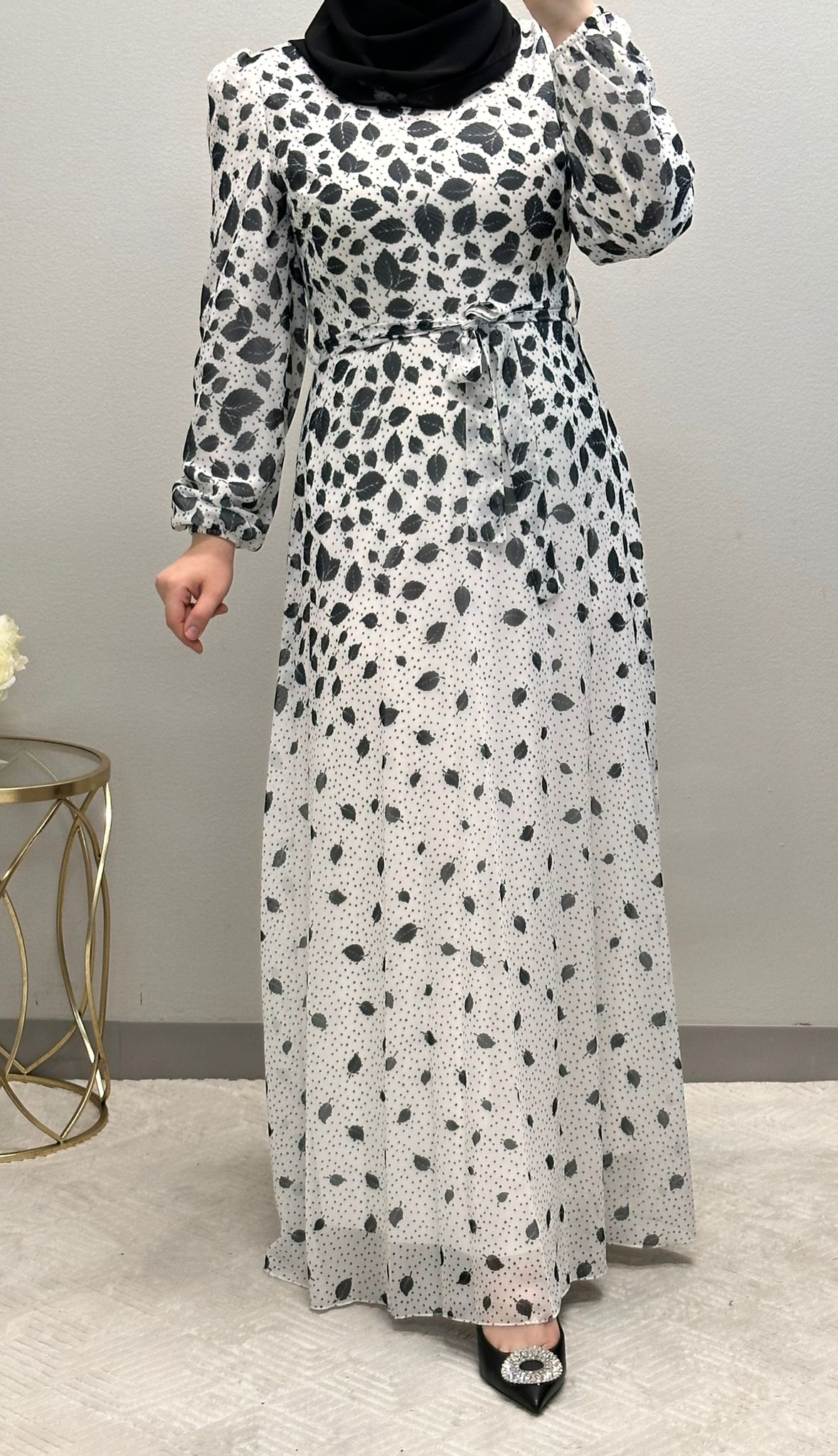 Feather Print Chiffon Maxi Dress: Fully Lined
