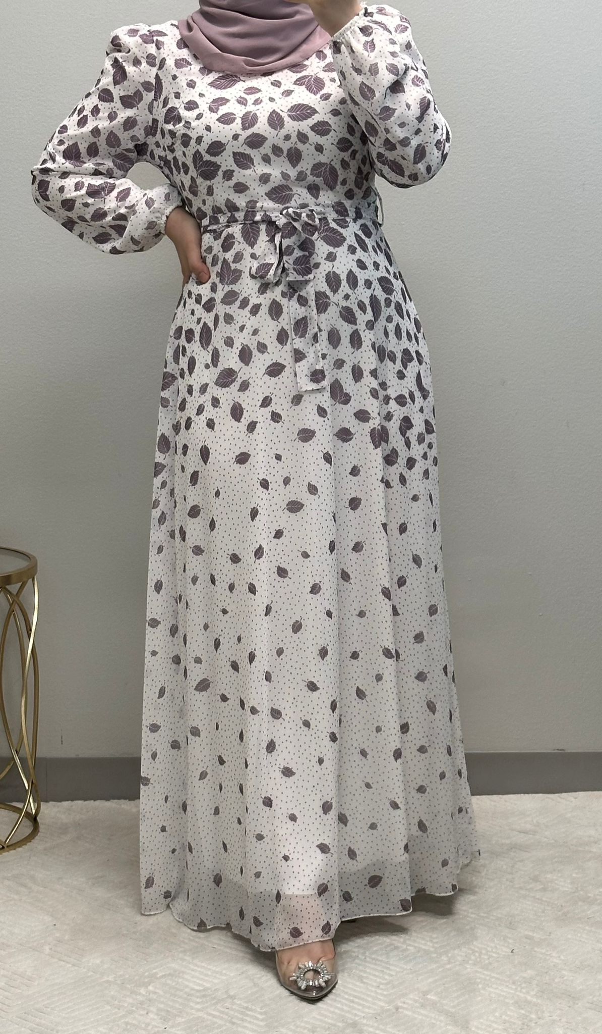 Feather Print Chiffon Maxi Dress: Fully Lined
