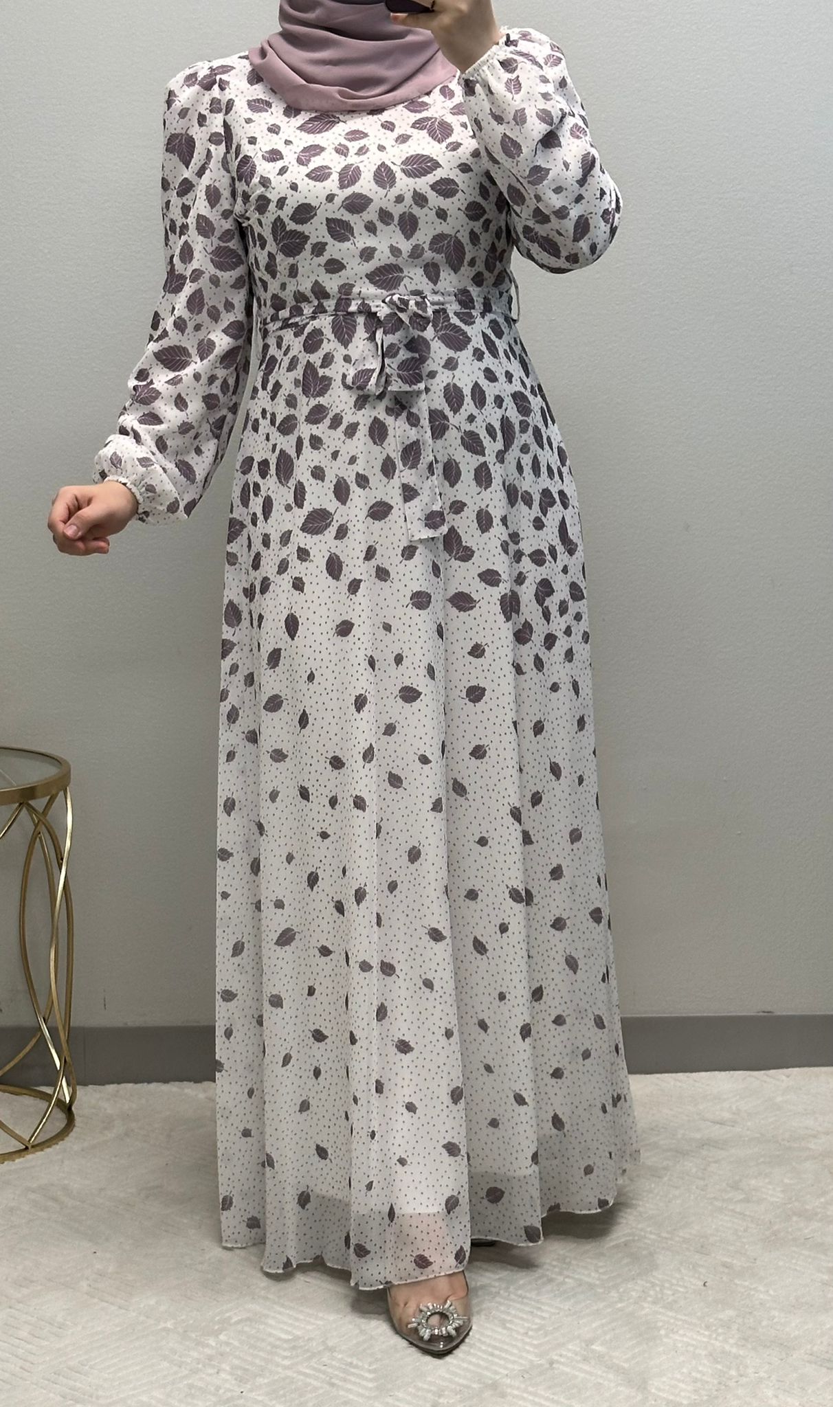 Feather Print Chiffon Maxi Dress: Fully Lined