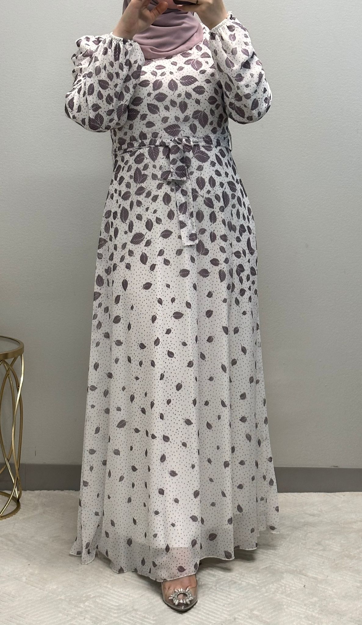 Feather Print Chiffon Maxi Dress: Fully Lined