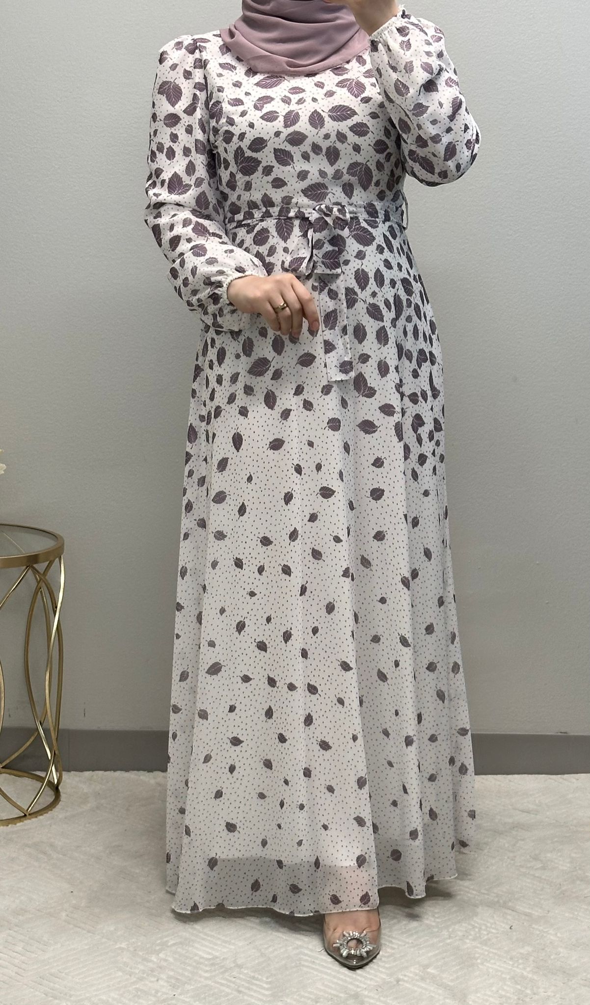 Feather Print Chiffon Maxi Dress: Fully Lined