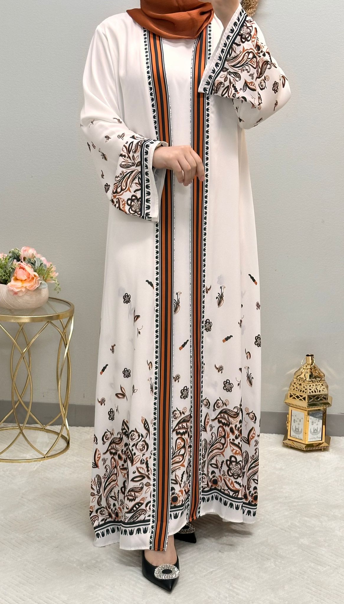 Printed flower Two-piece open abaya