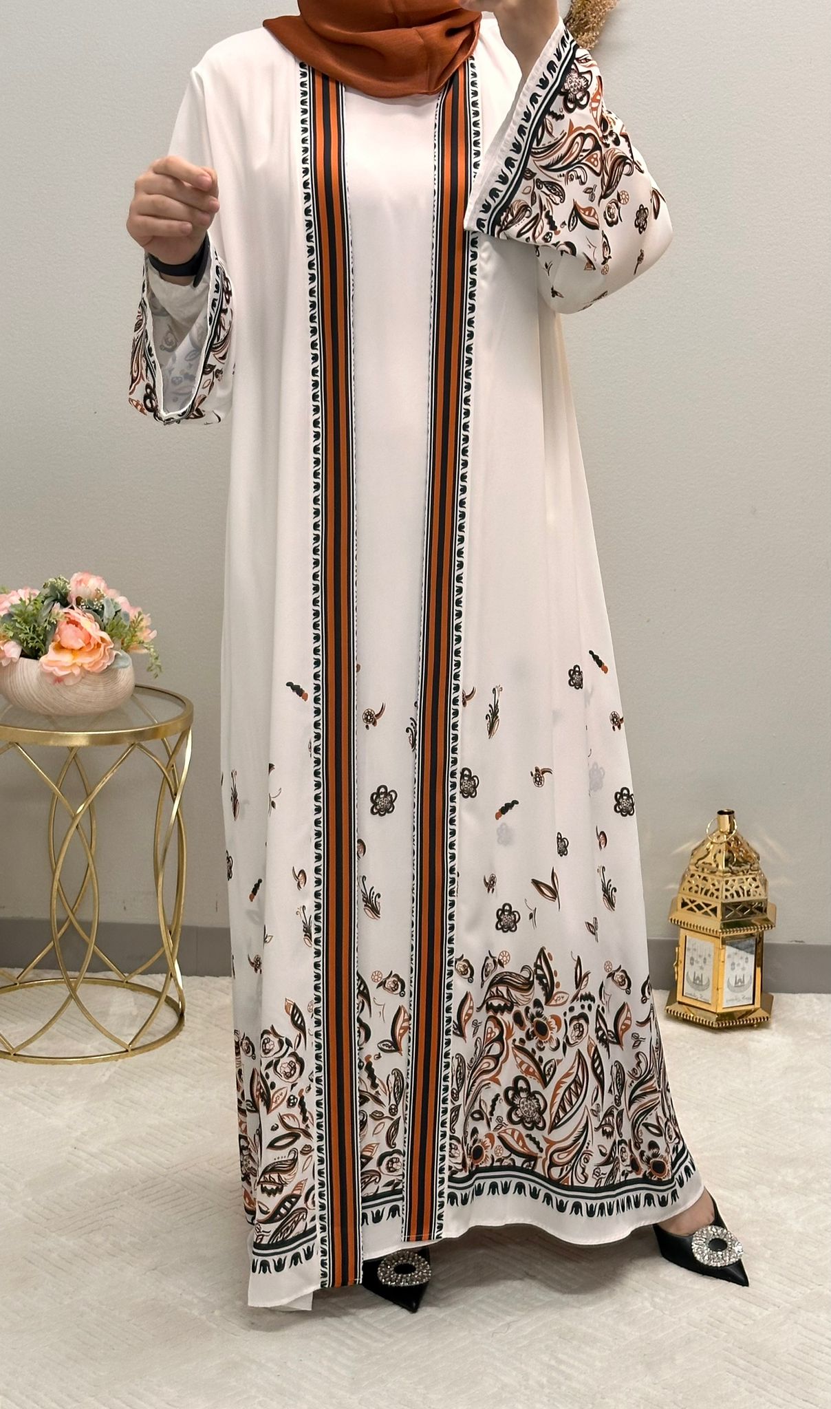 Printed flower Two-piece open abaya