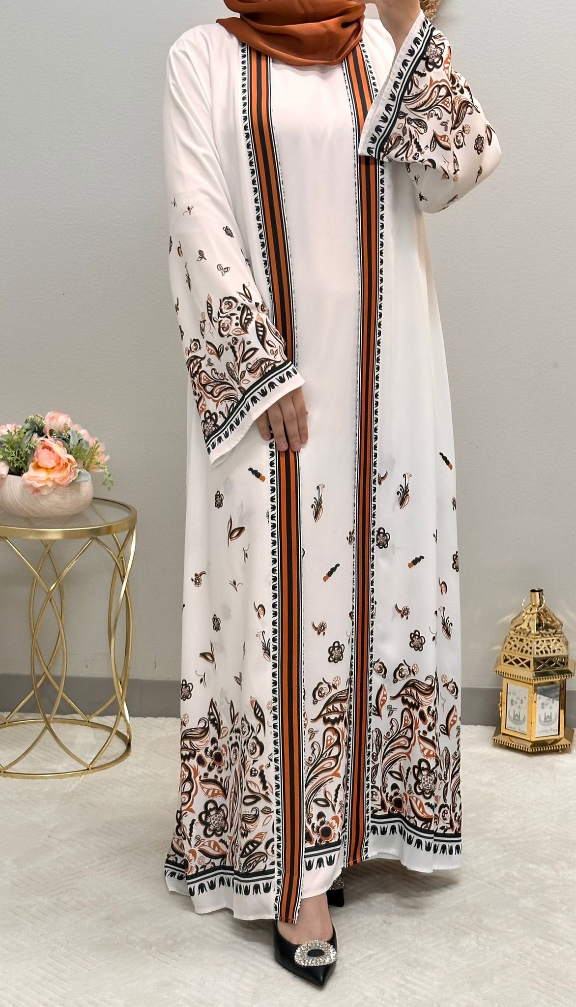 Printed flower Two-piece open abaya