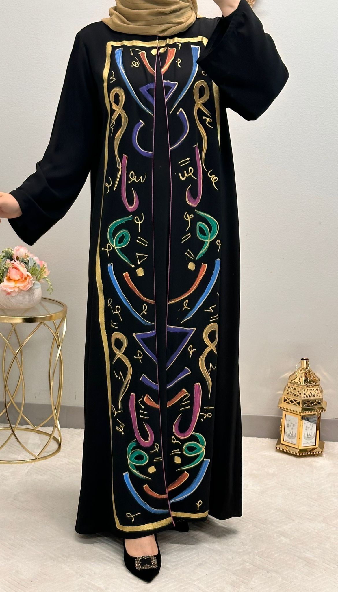 Arabic letters adorned open abaya