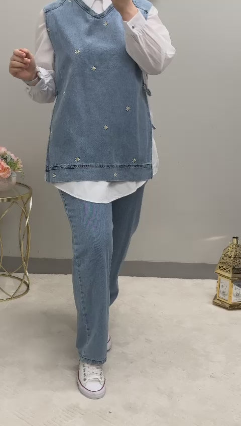 Three-pieces flower embroidered jeans set
