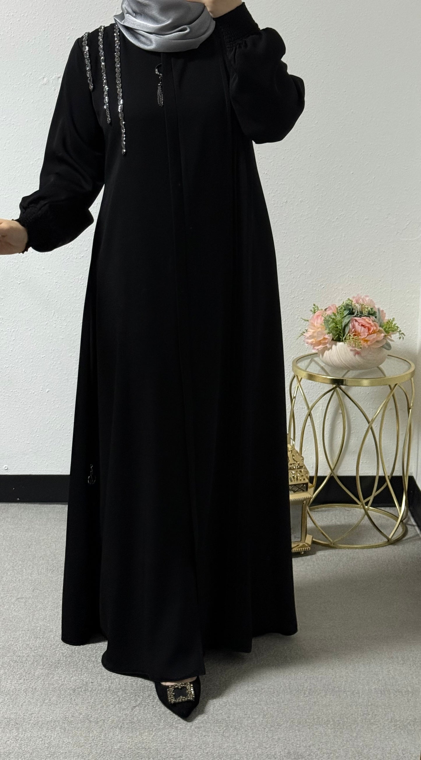 One piece abaya with sliver beading