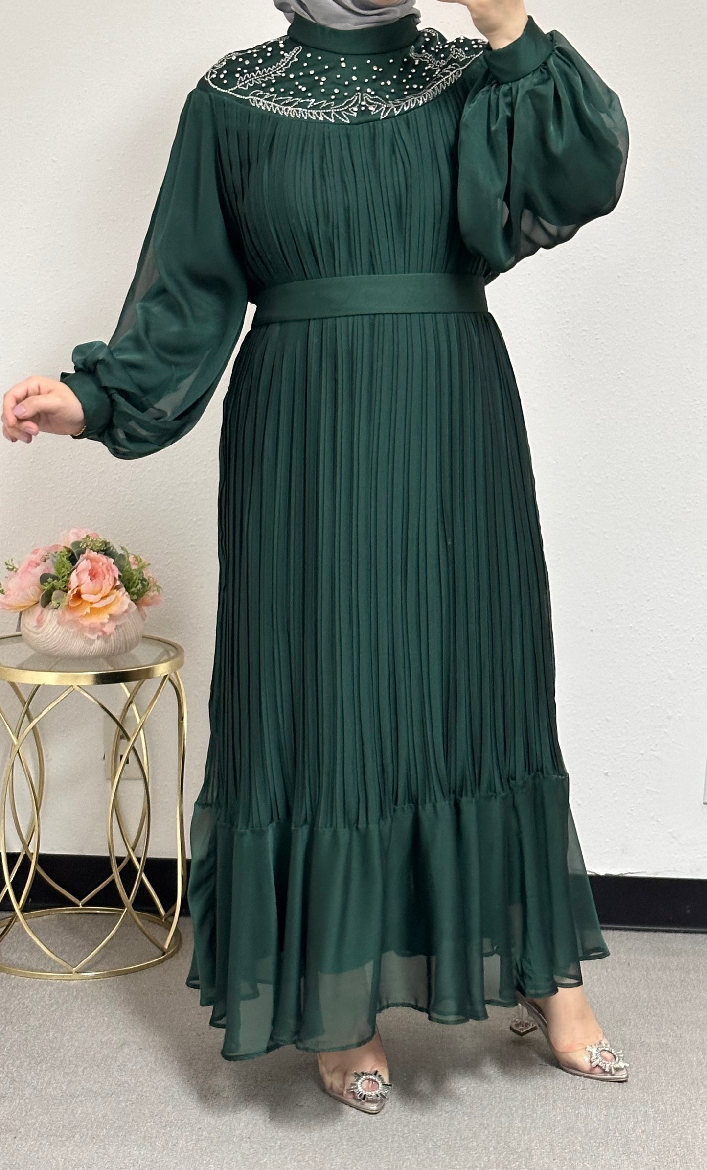 green pleated dress front strass adorned