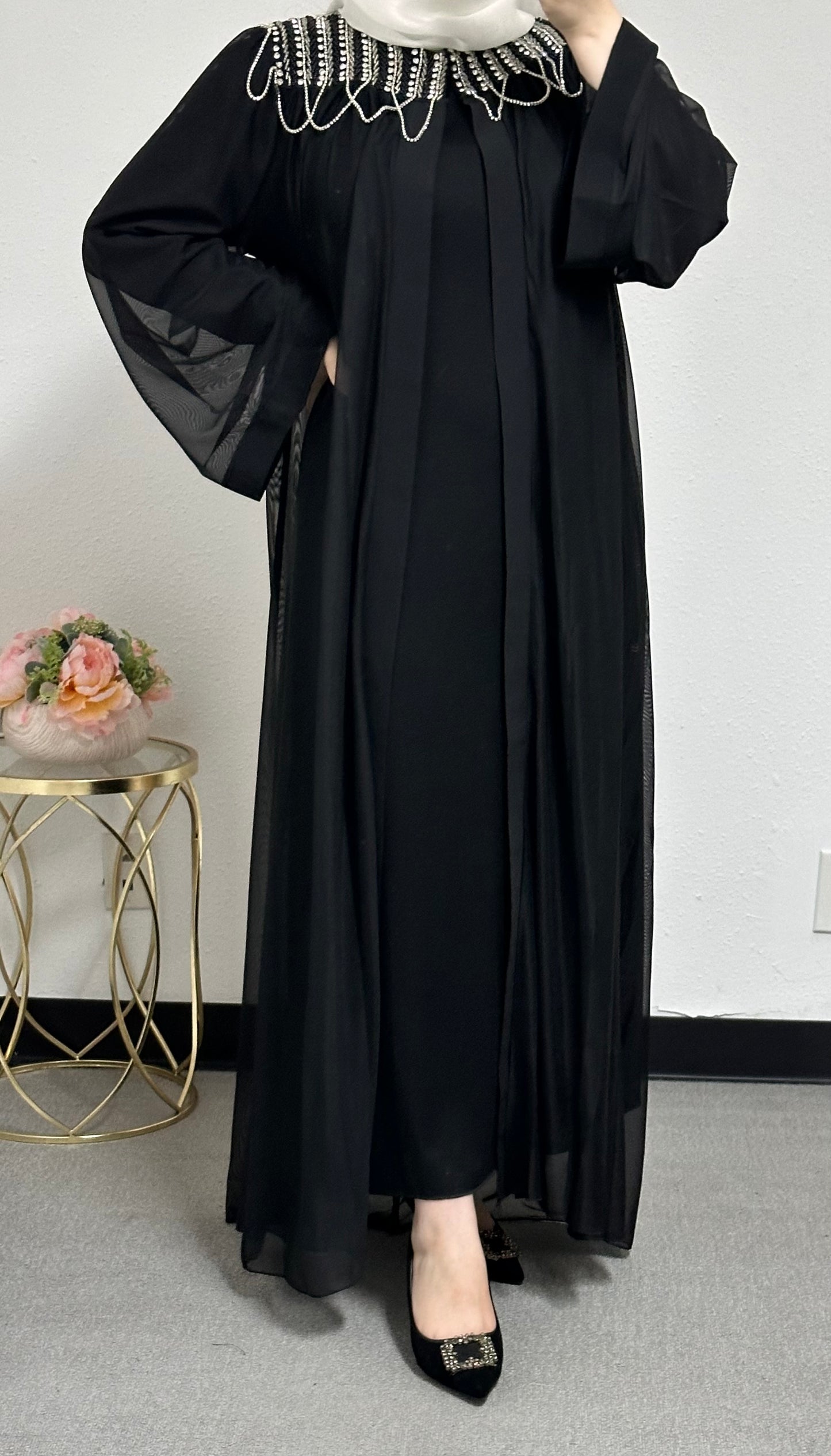 black cardigan with front strass adornment