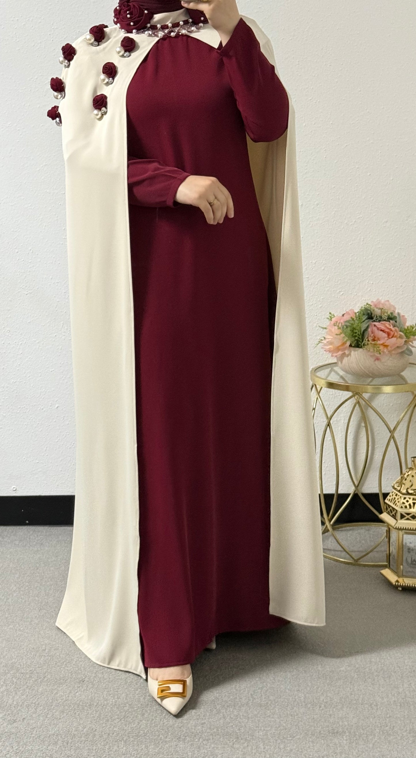 Two piece rose/pearl abaya set