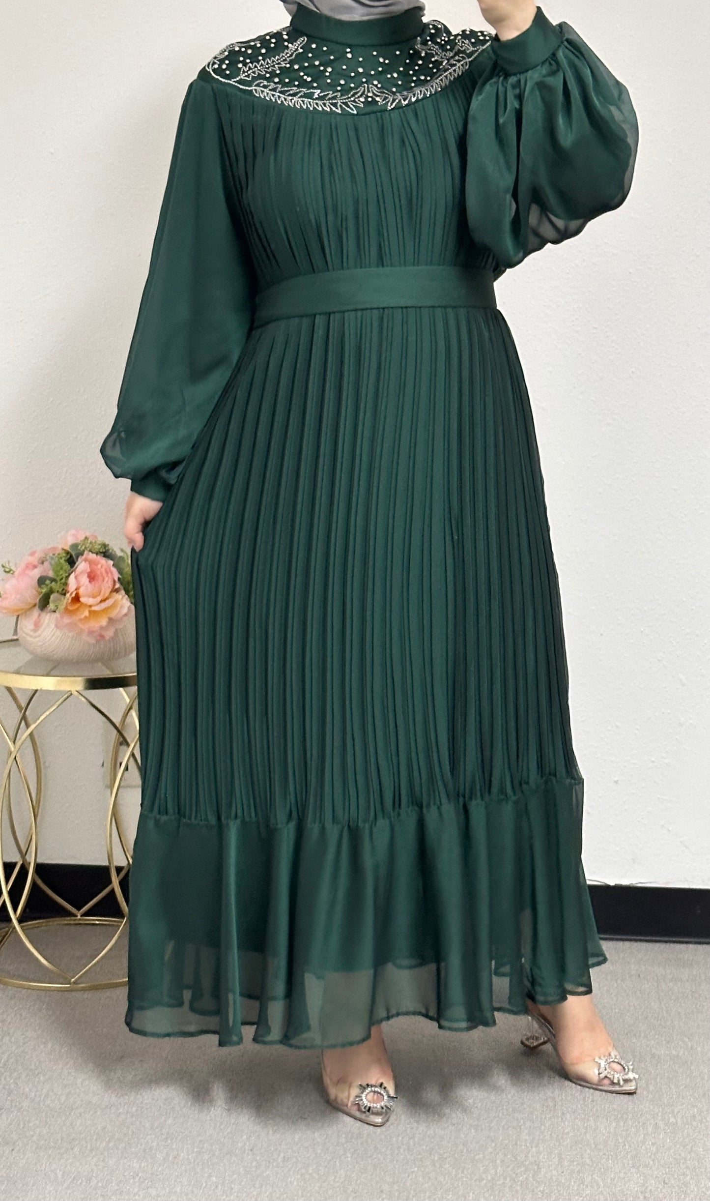 green pleated dress front strass adorned