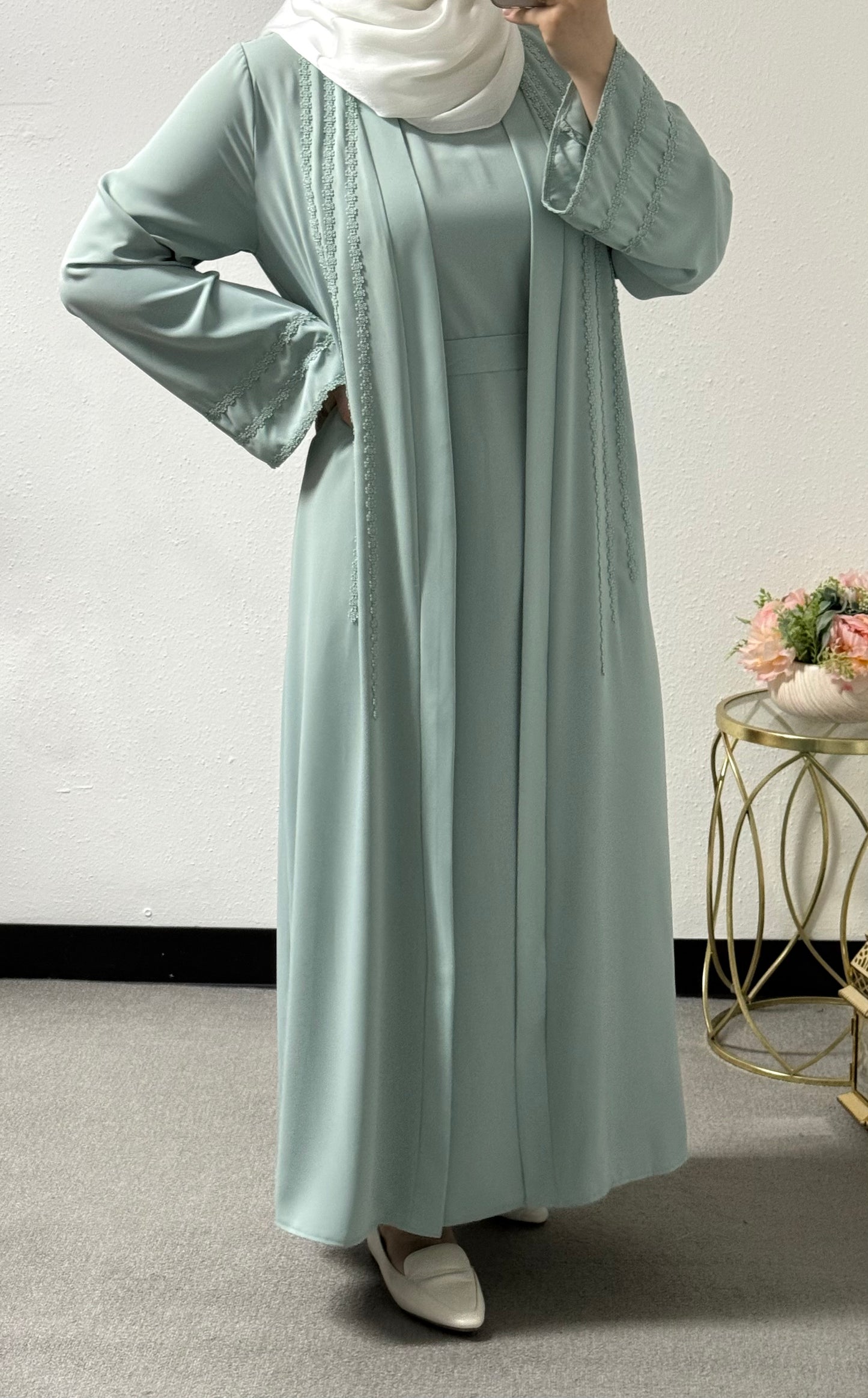 Two piece flower lace abaya