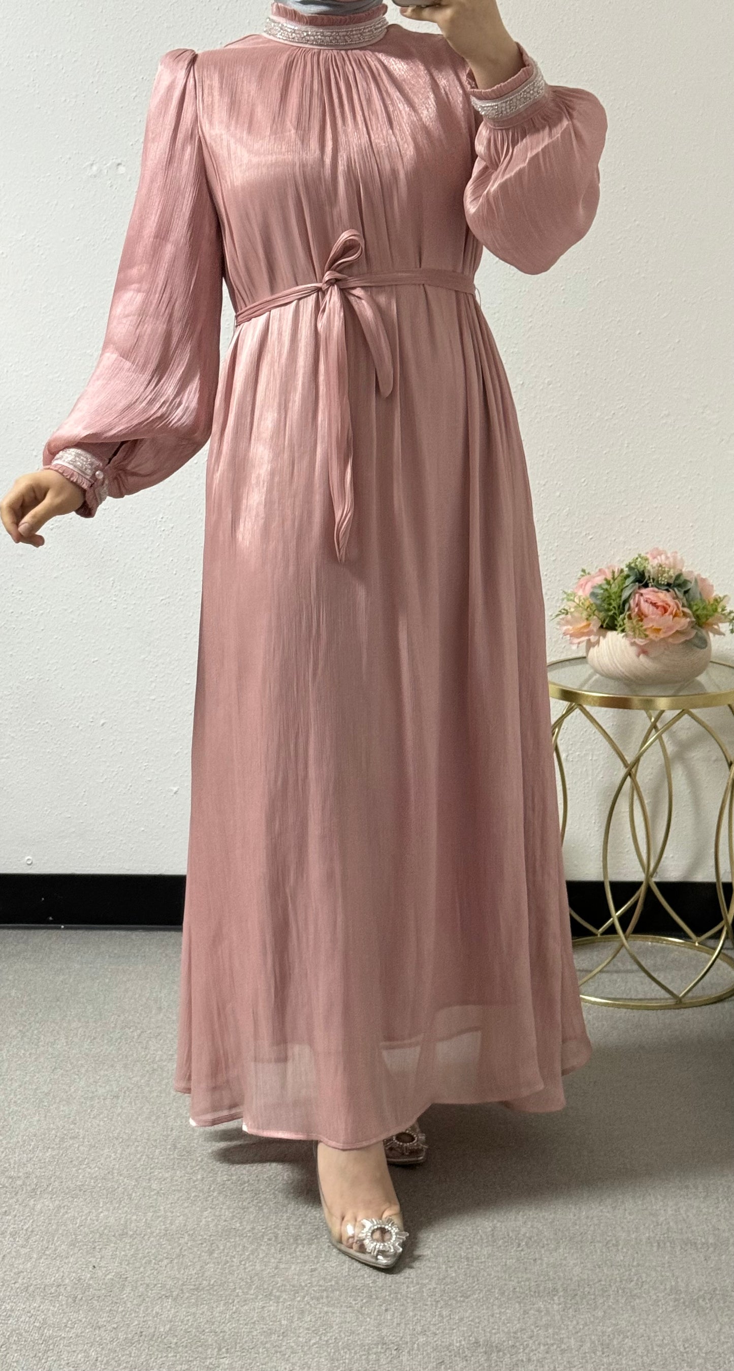 Eid Organza Dress with Accessories on the Neck and Sleeves