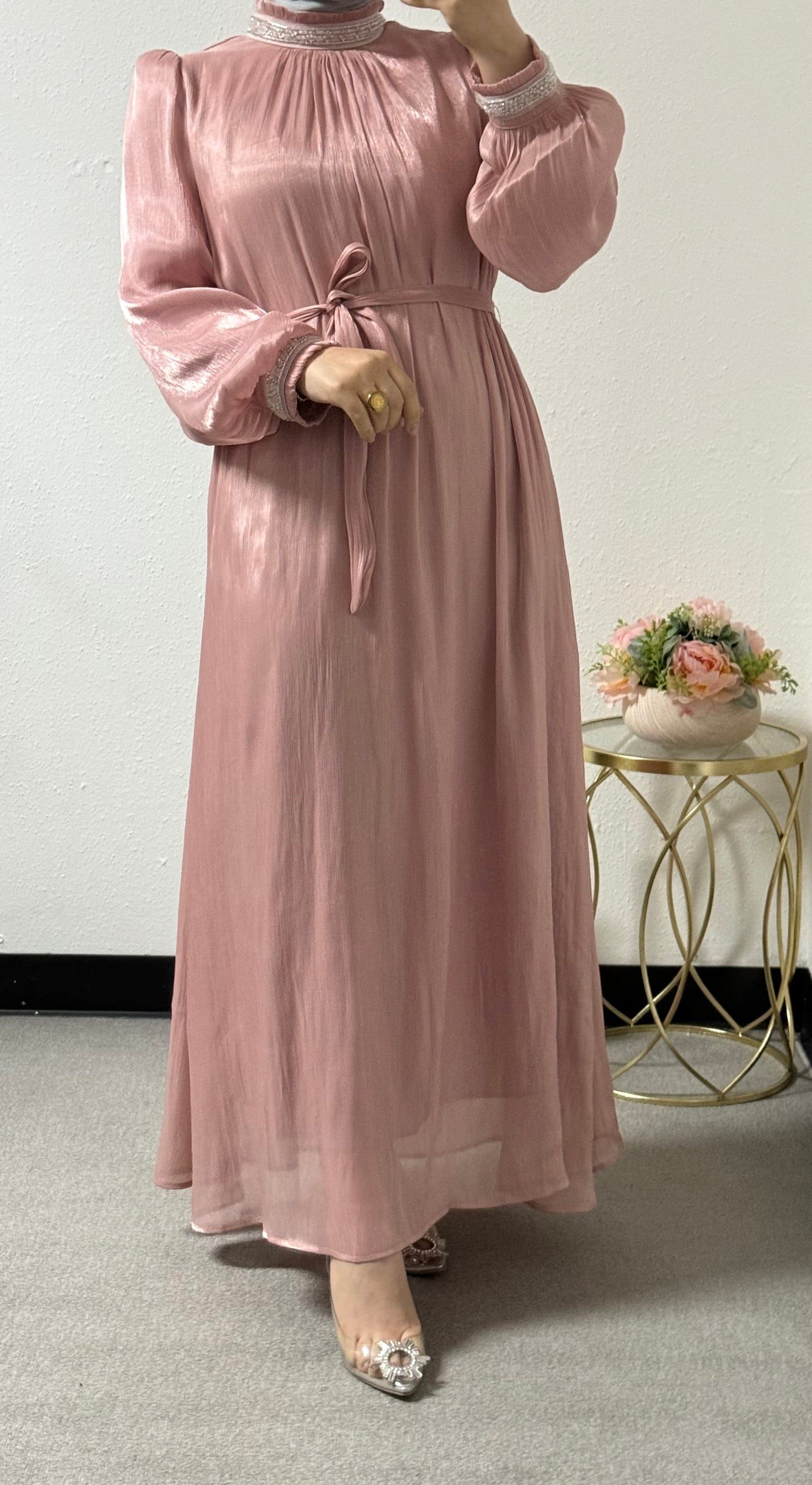 Eid Organza Dress with Accessories on the Neck and Sleeves