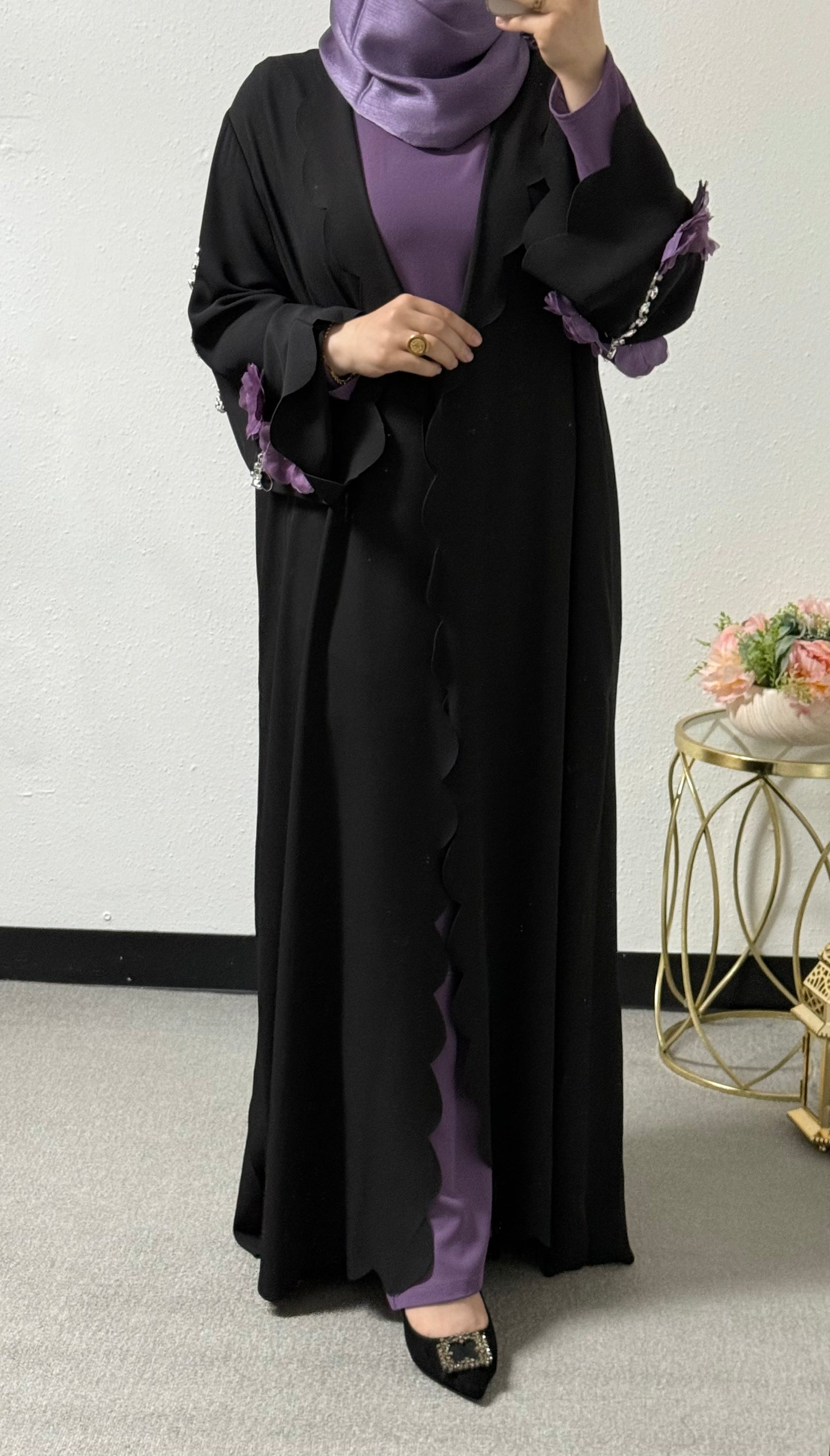 Three piece floral sleeves abaya set