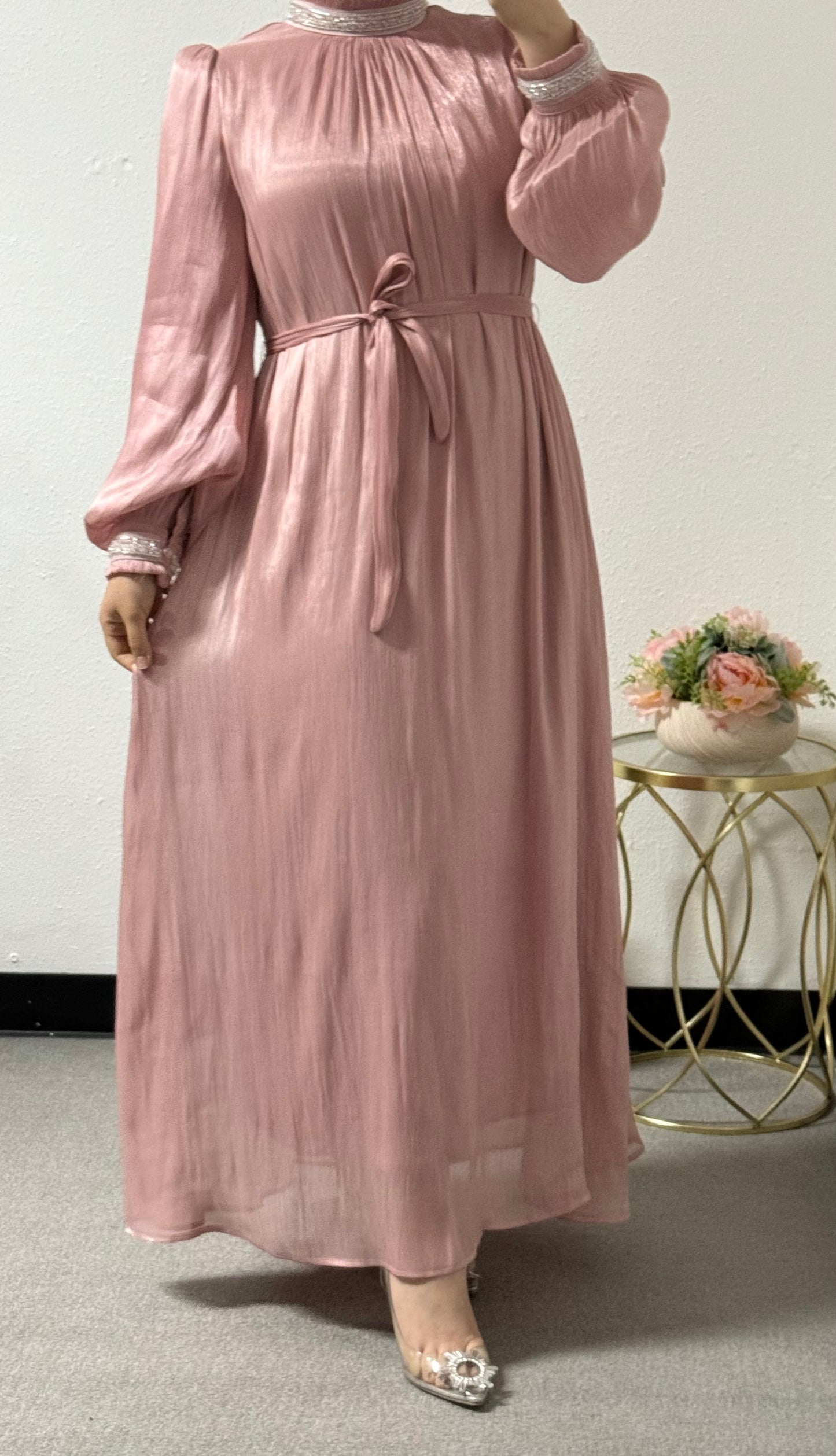 Eid Organza Dress with Accessories on the Neck and Sleeves