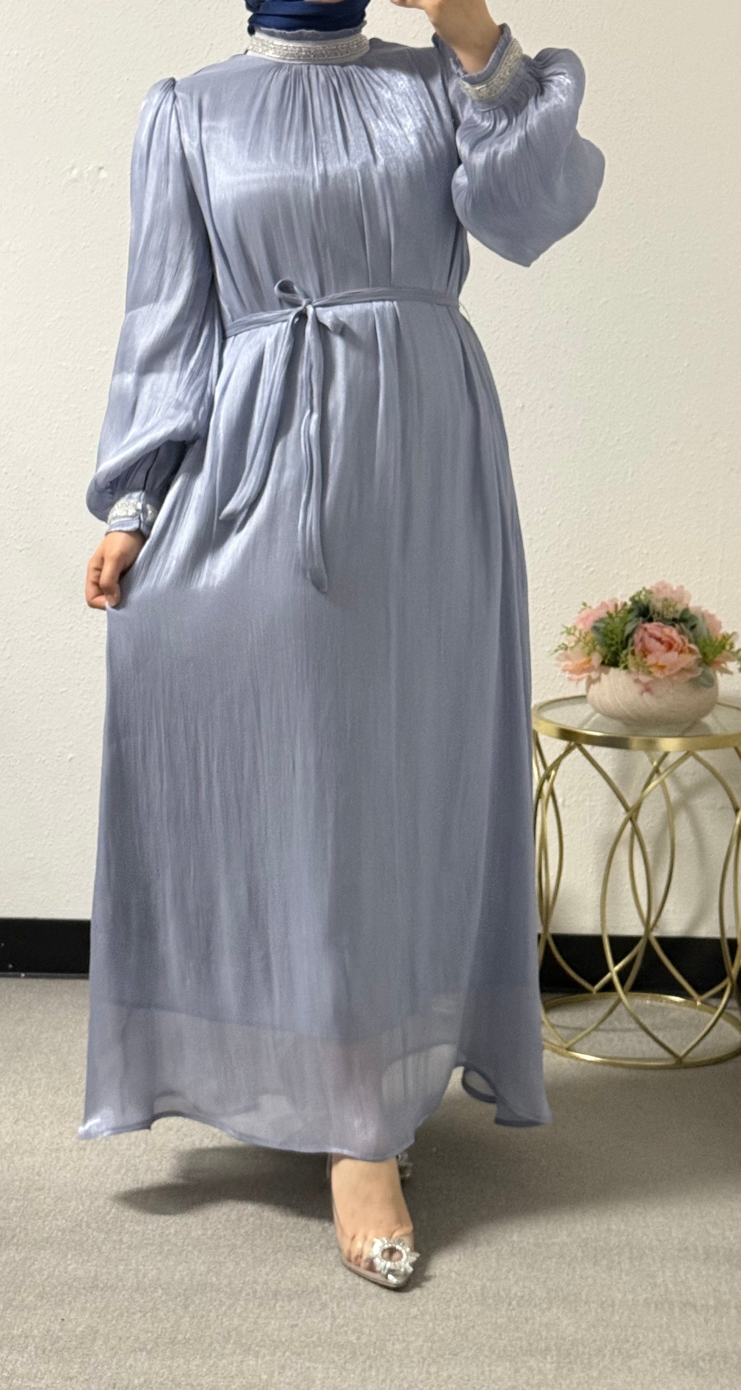 Eid Organza Dress with Accessories on the Neck and Sleeves