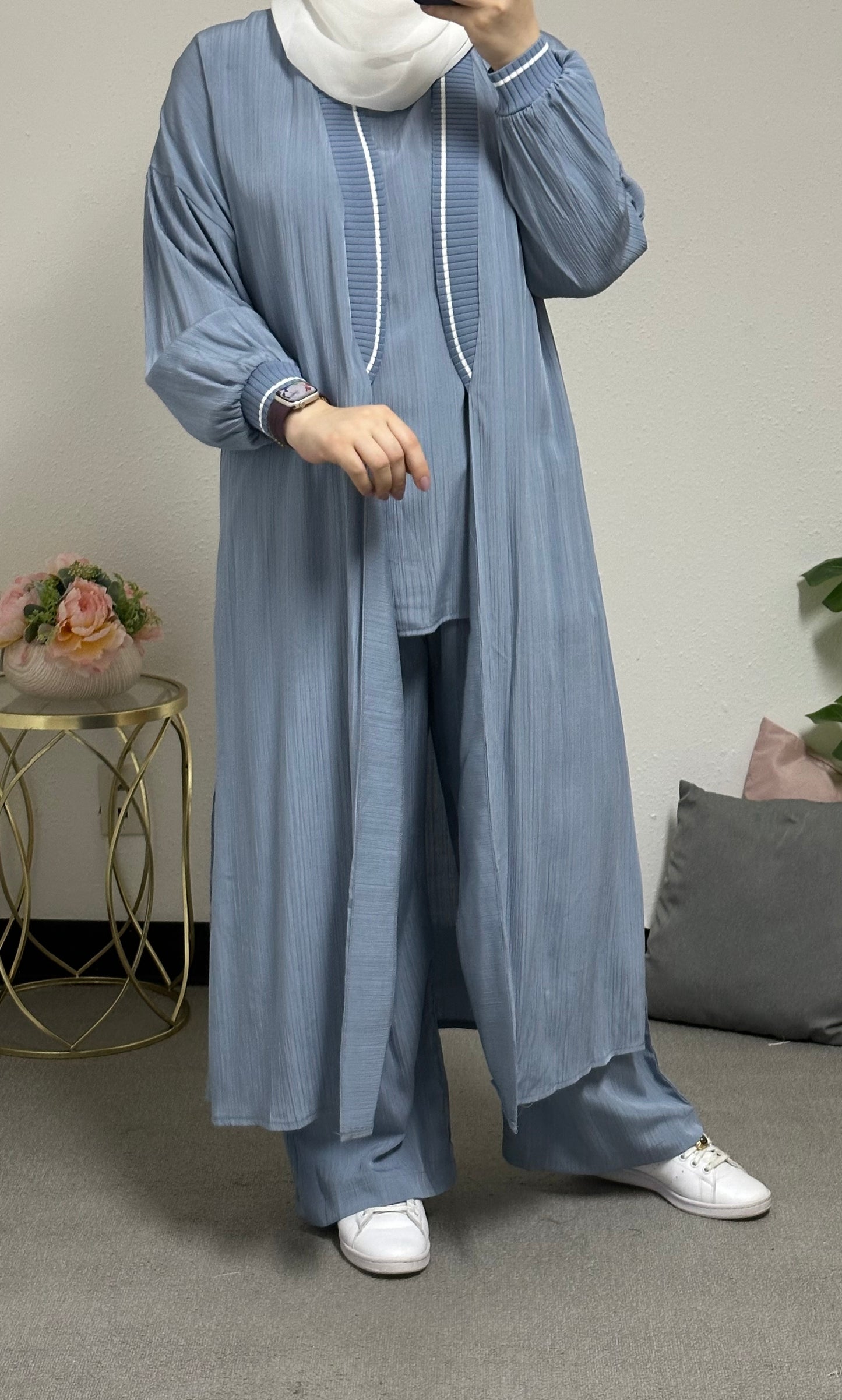 Three-piece set including a long cardigan, inner blouse, and pants