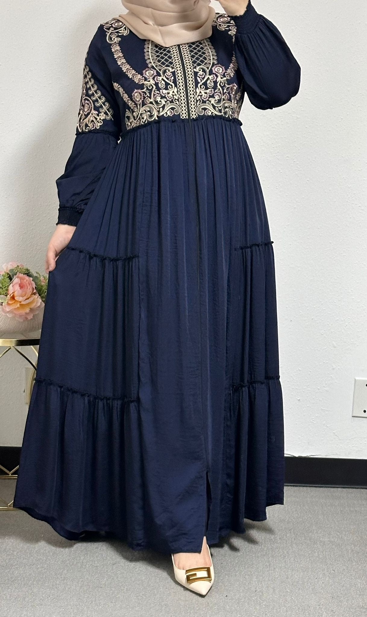 Embroidered Cloak Abaya with Back Belt