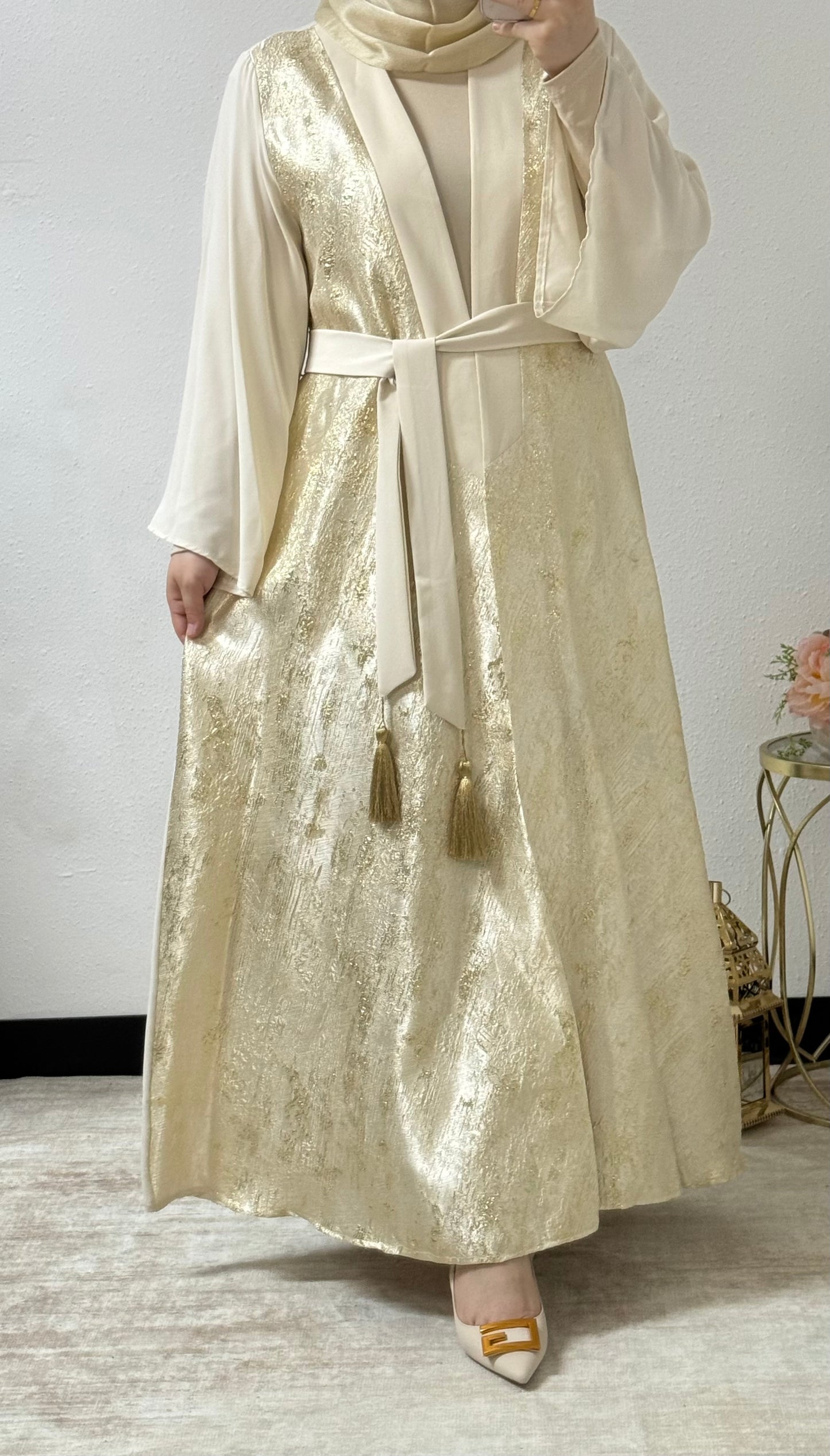 Gold accent open abaya