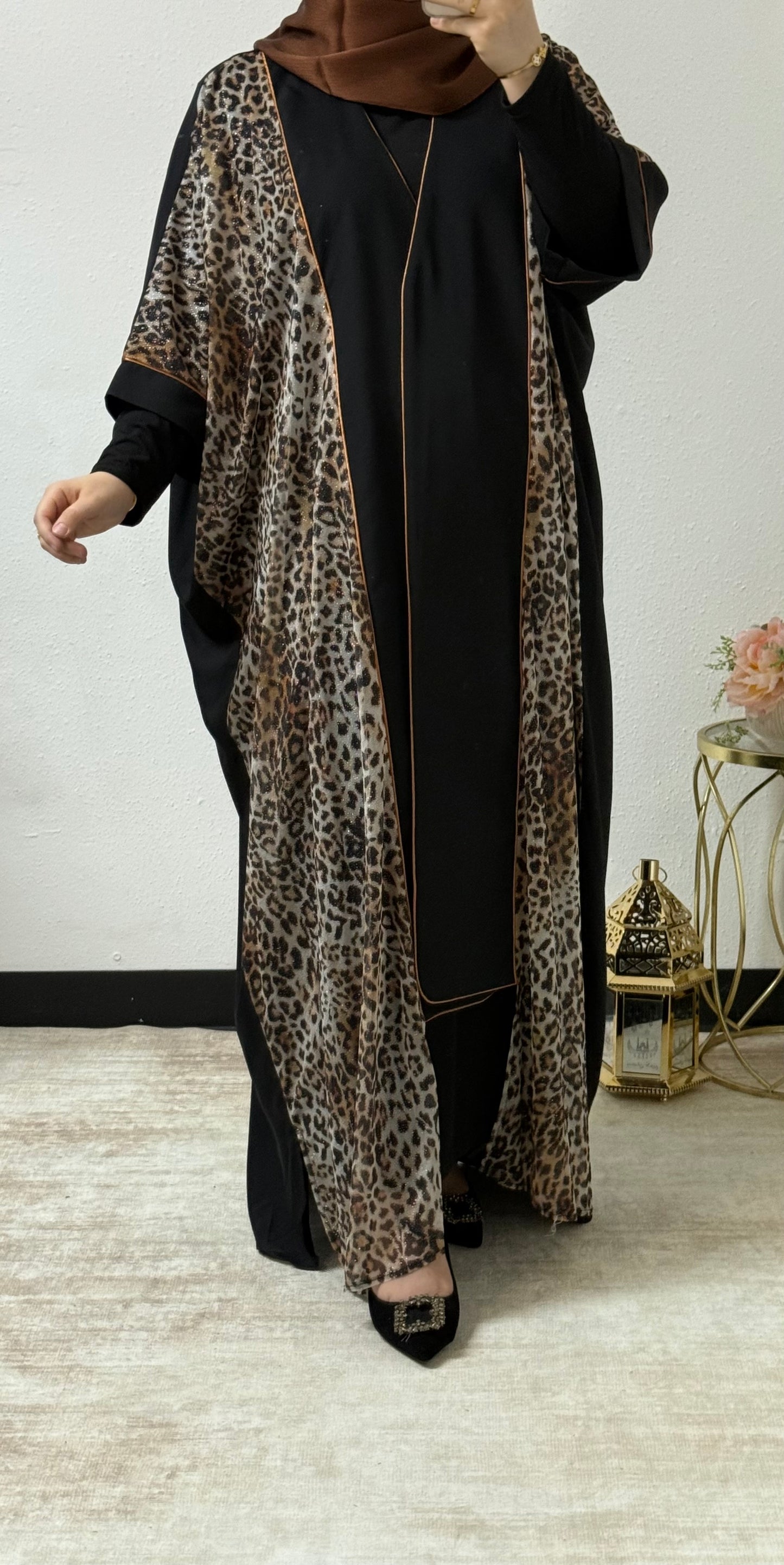 Leopard print open abaya