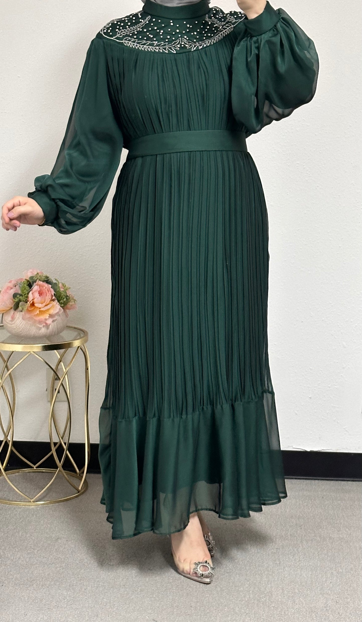 green pleated dress front strass adorned