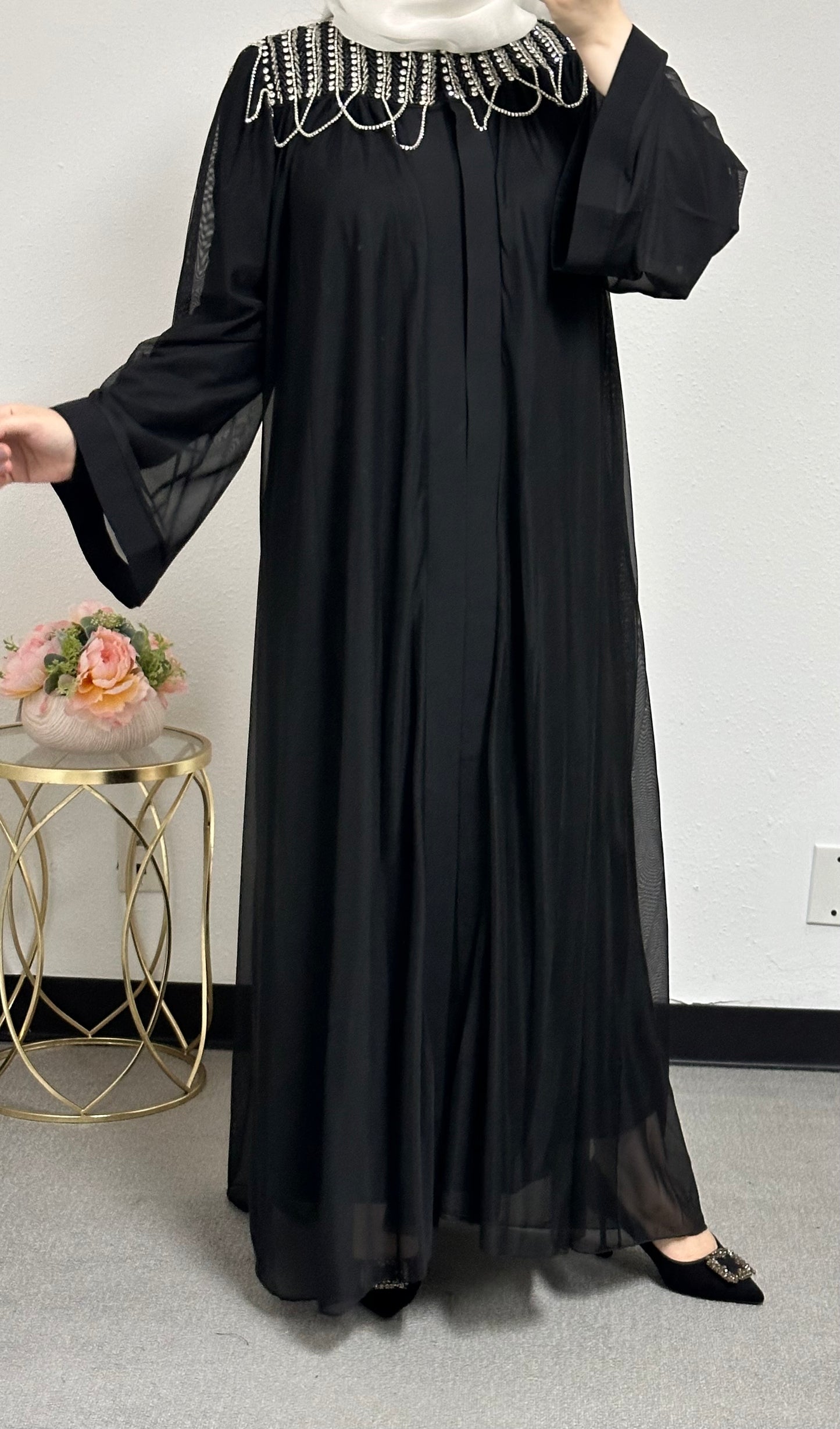 black cardigan with front strass adornment