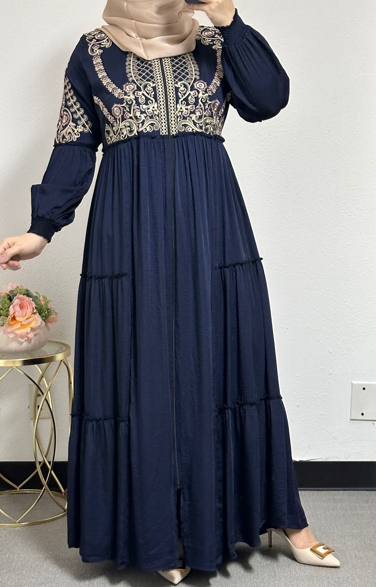 Embroidered Cloak Abaya with Back Belt