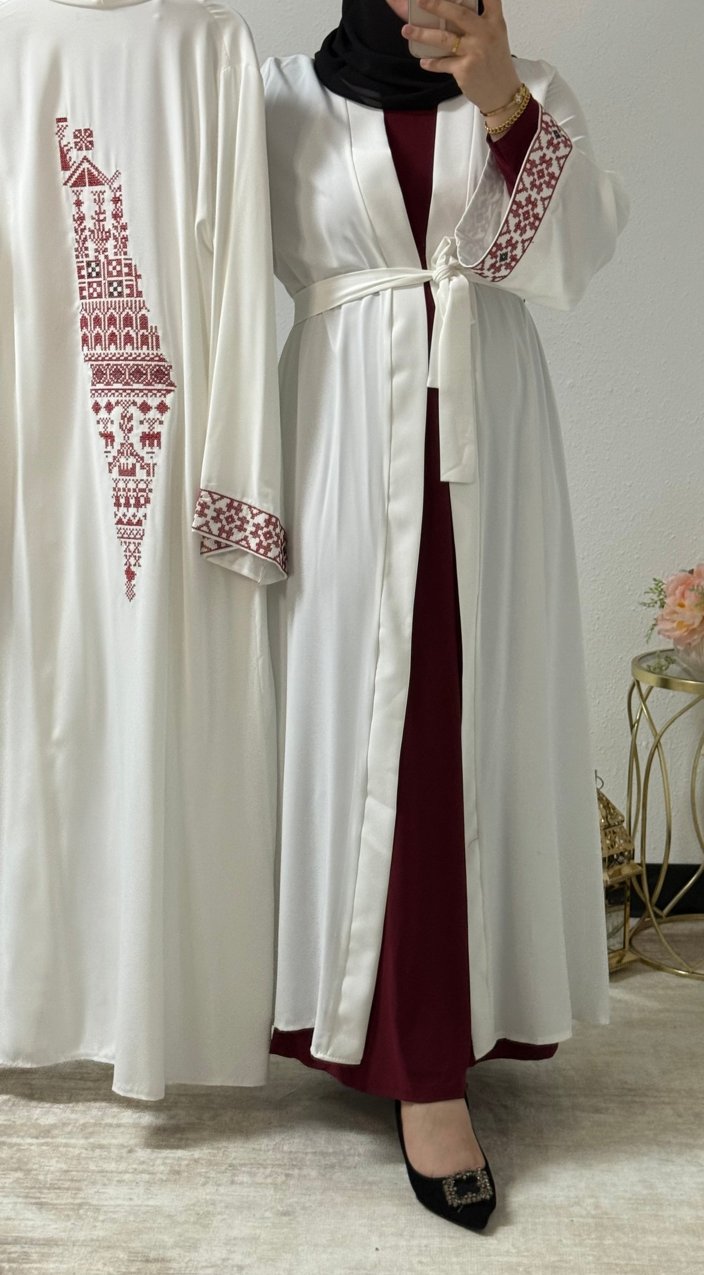 Palestinian style embroidery open abaya