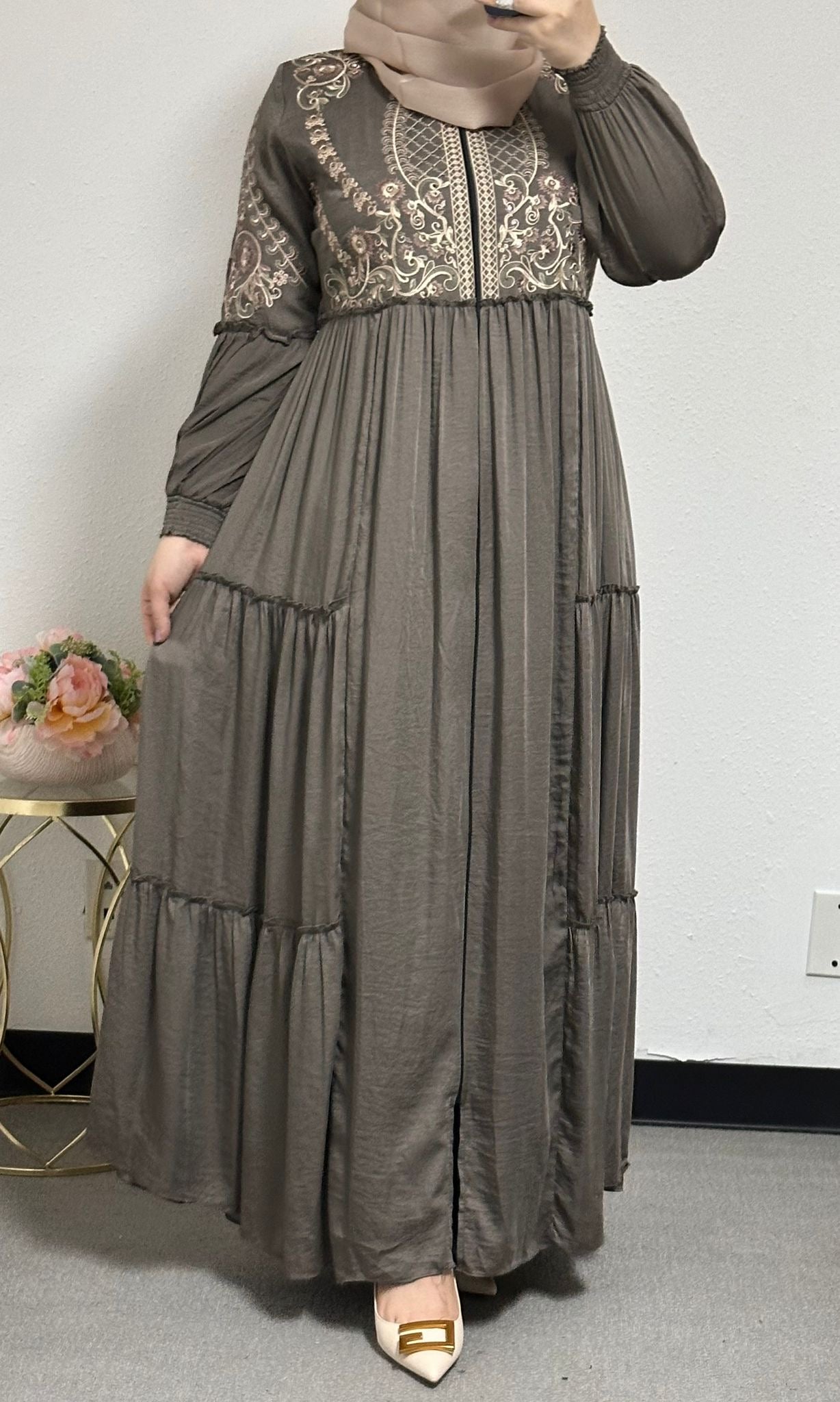 Embroidered Cloak Abaya with Back Belt