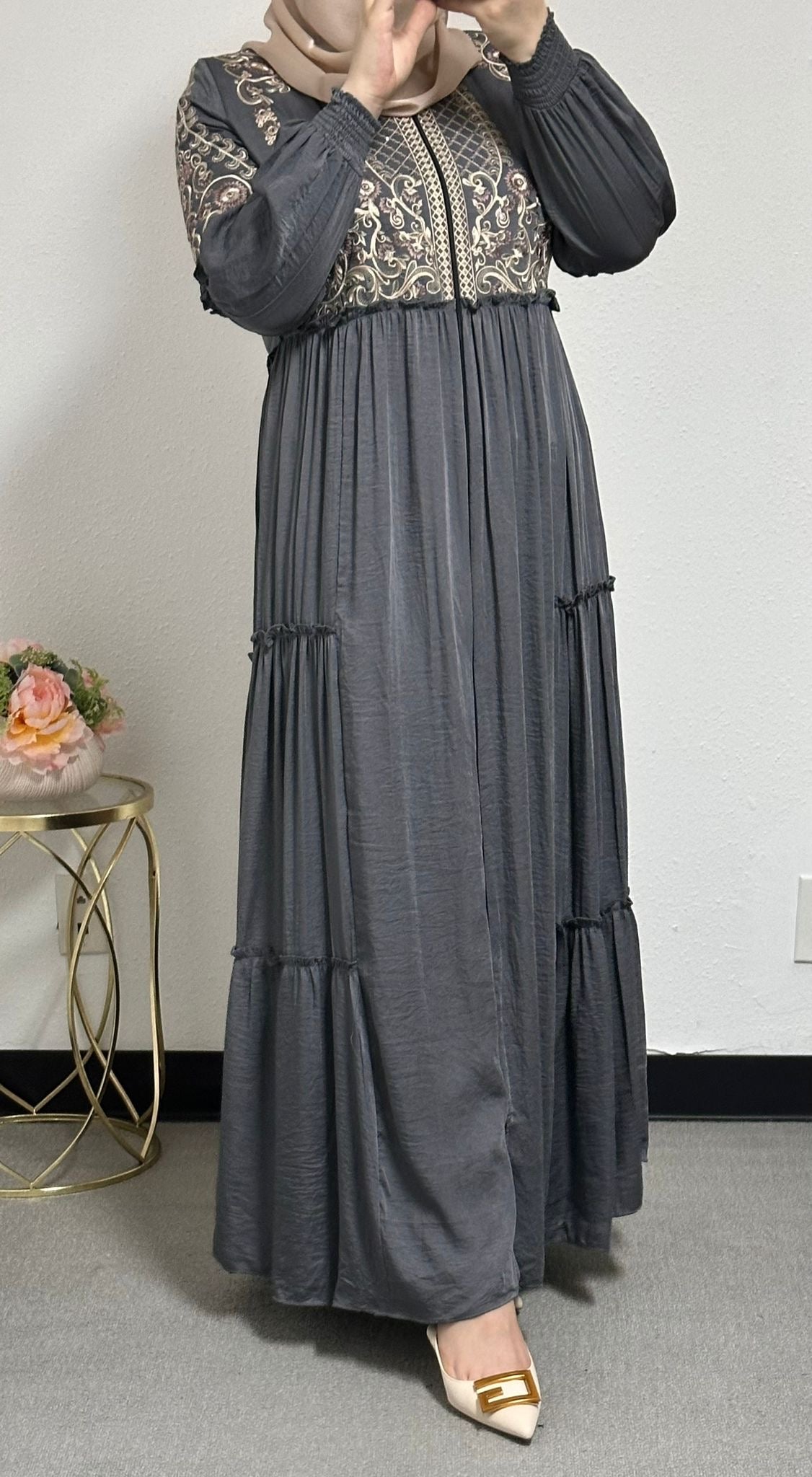 Embroidered Cloak Abaya with Back Belt