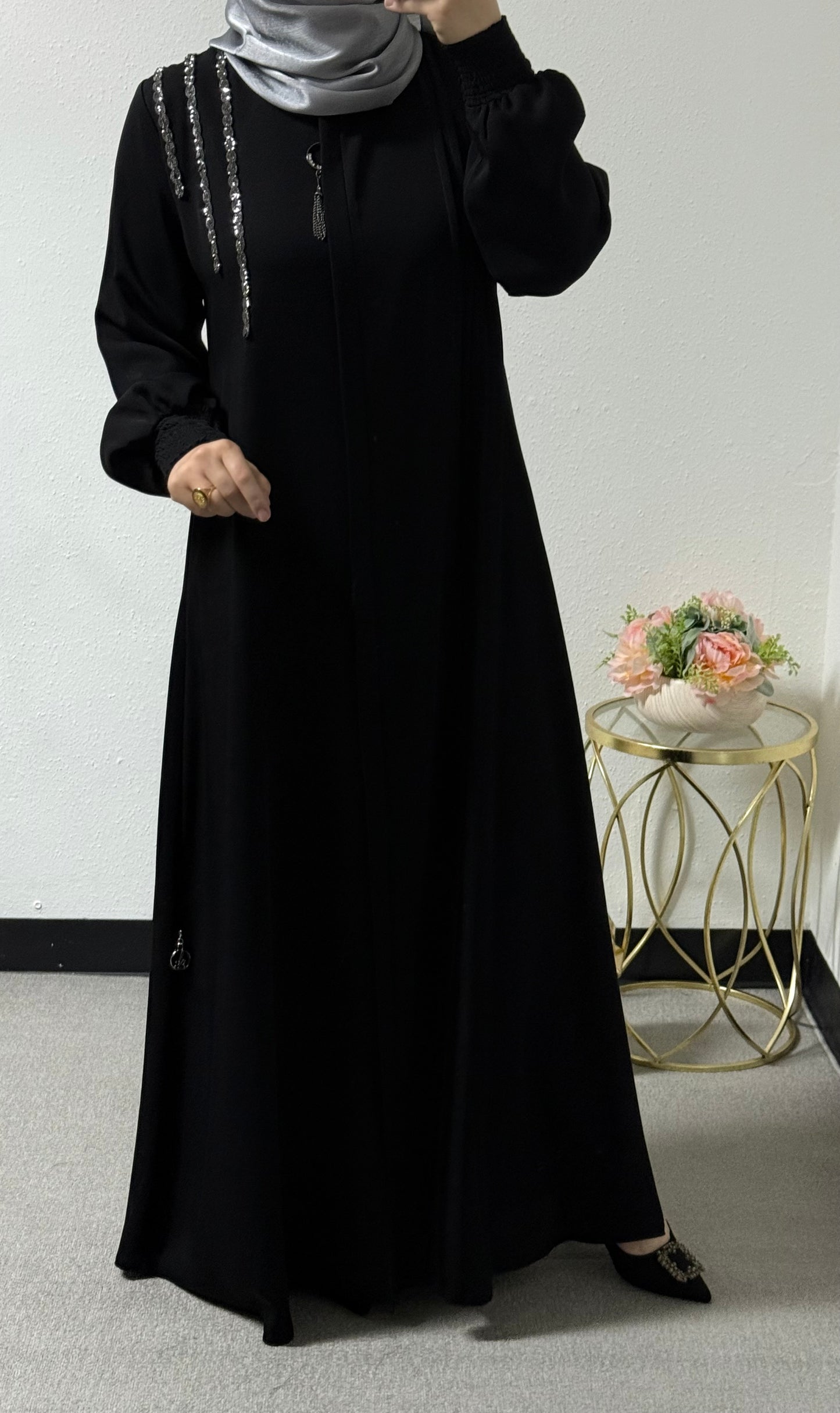 One piece abaya with sliver beading