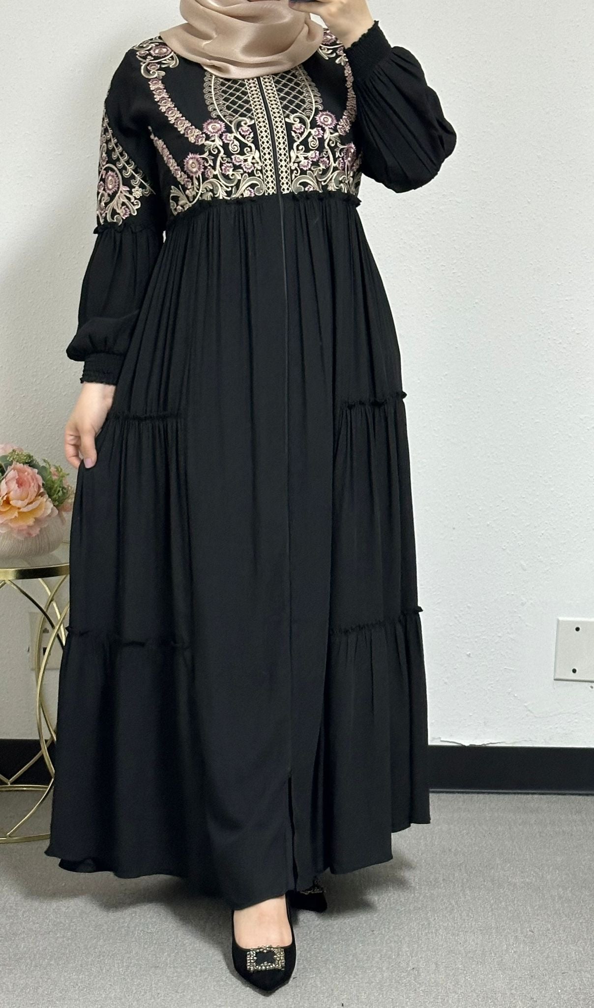 Embroidered Cloak Abaya with Back Belt