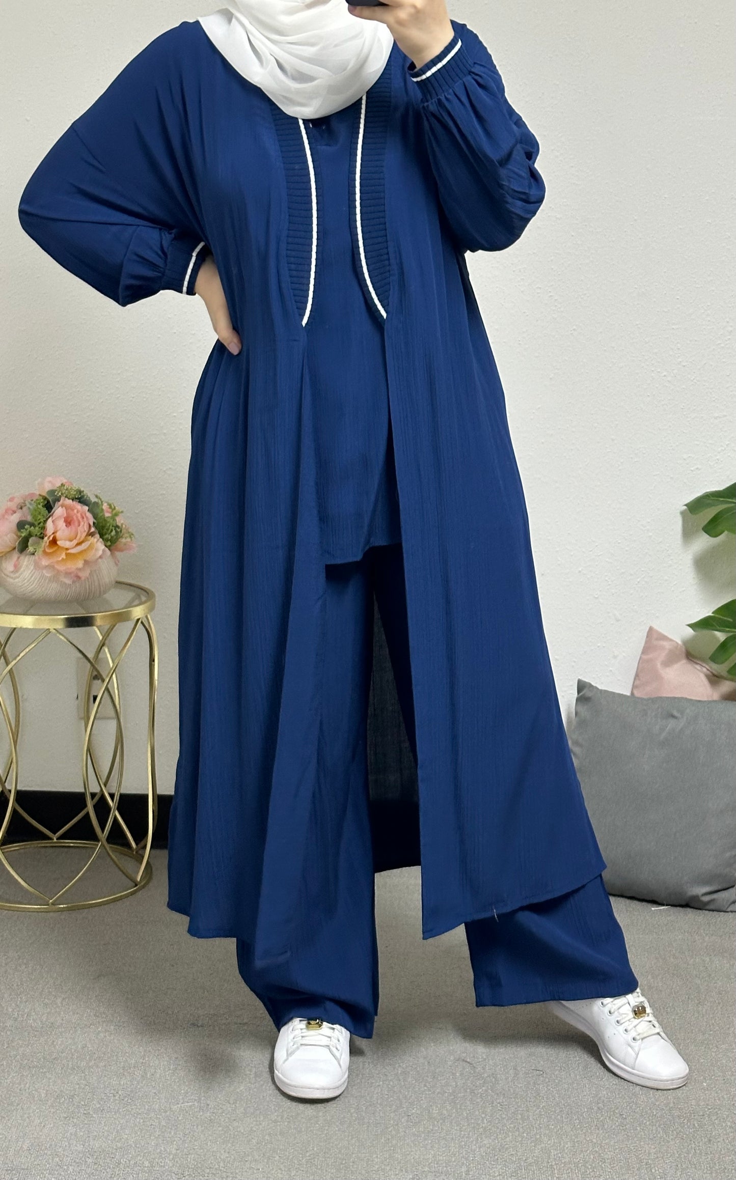 Three-piece set including a long cardigan, inner blouse, and pants