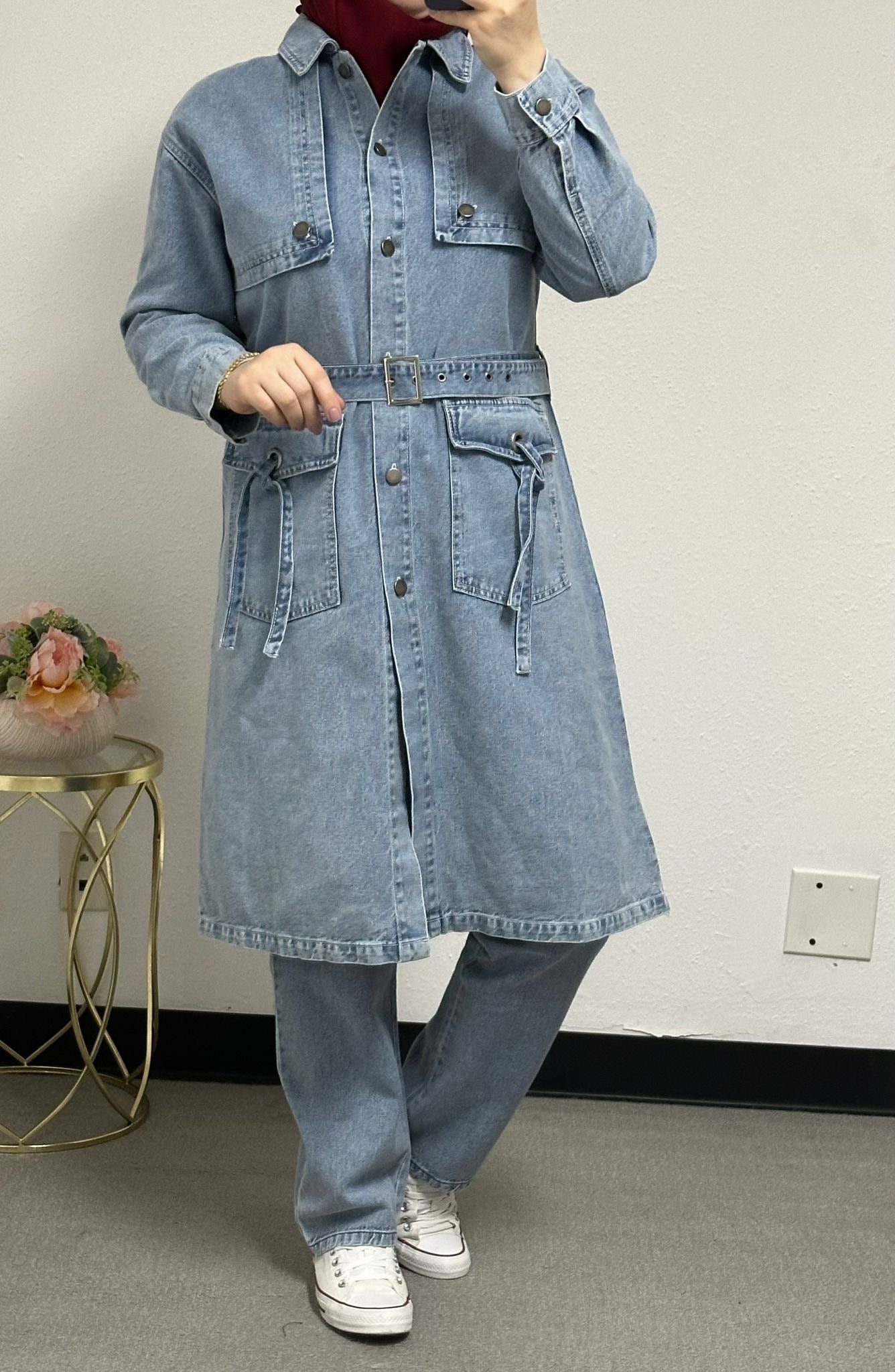 Long Denim Jacket with Belt