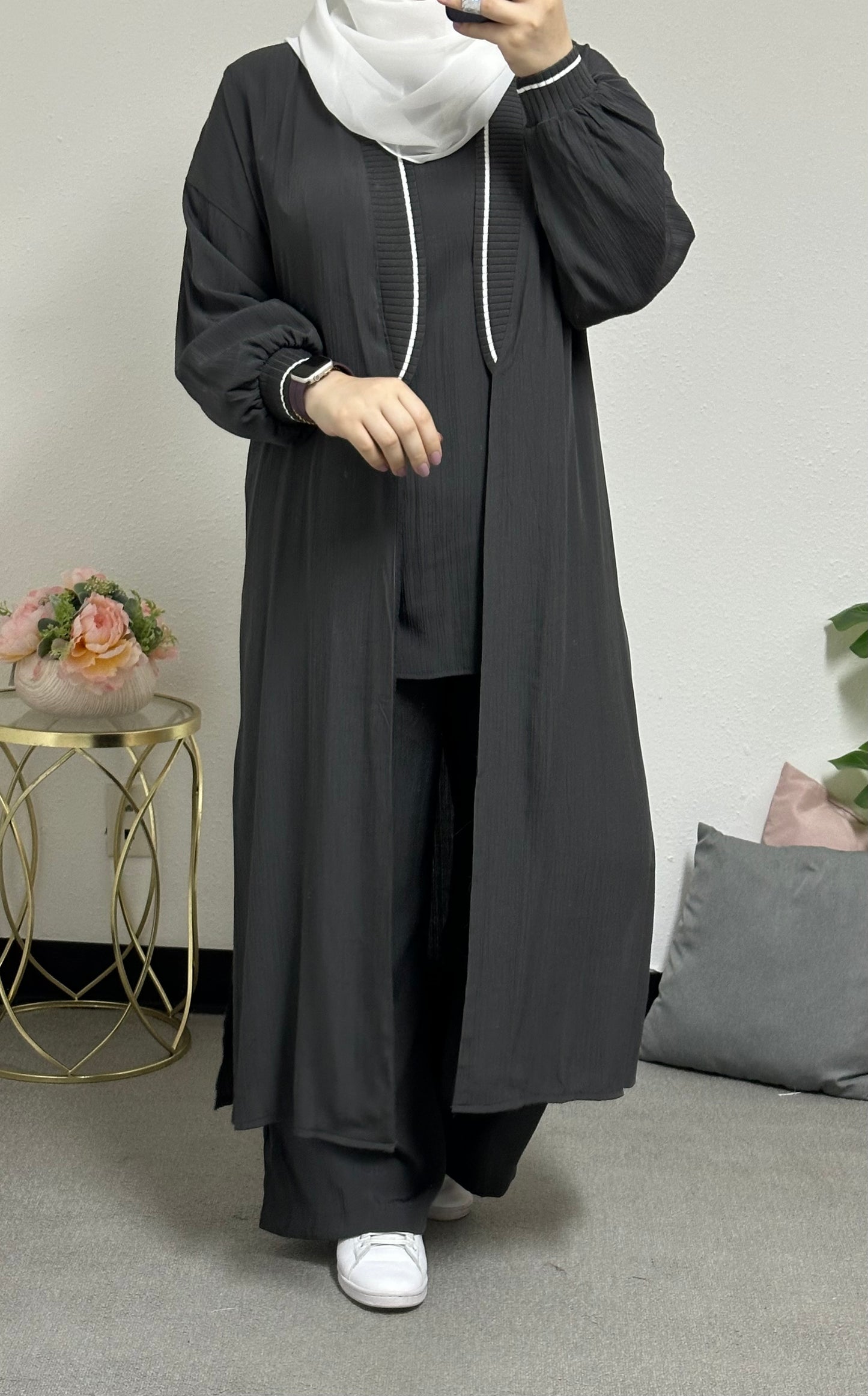 Three-piece set including a long cardigan, inner blouse, and pants