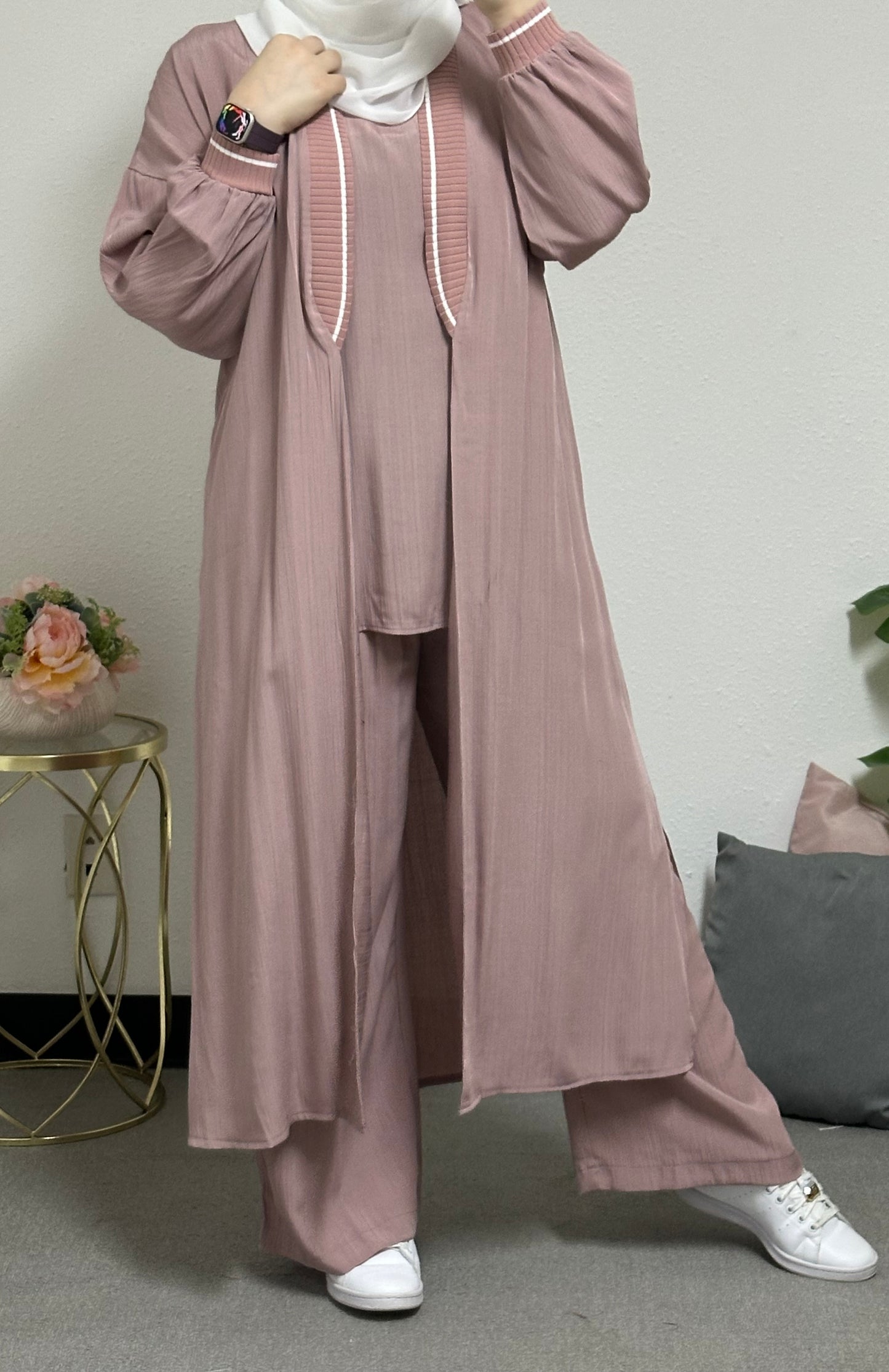 Three-piece set including a long cardigan, inner blouse, and pants