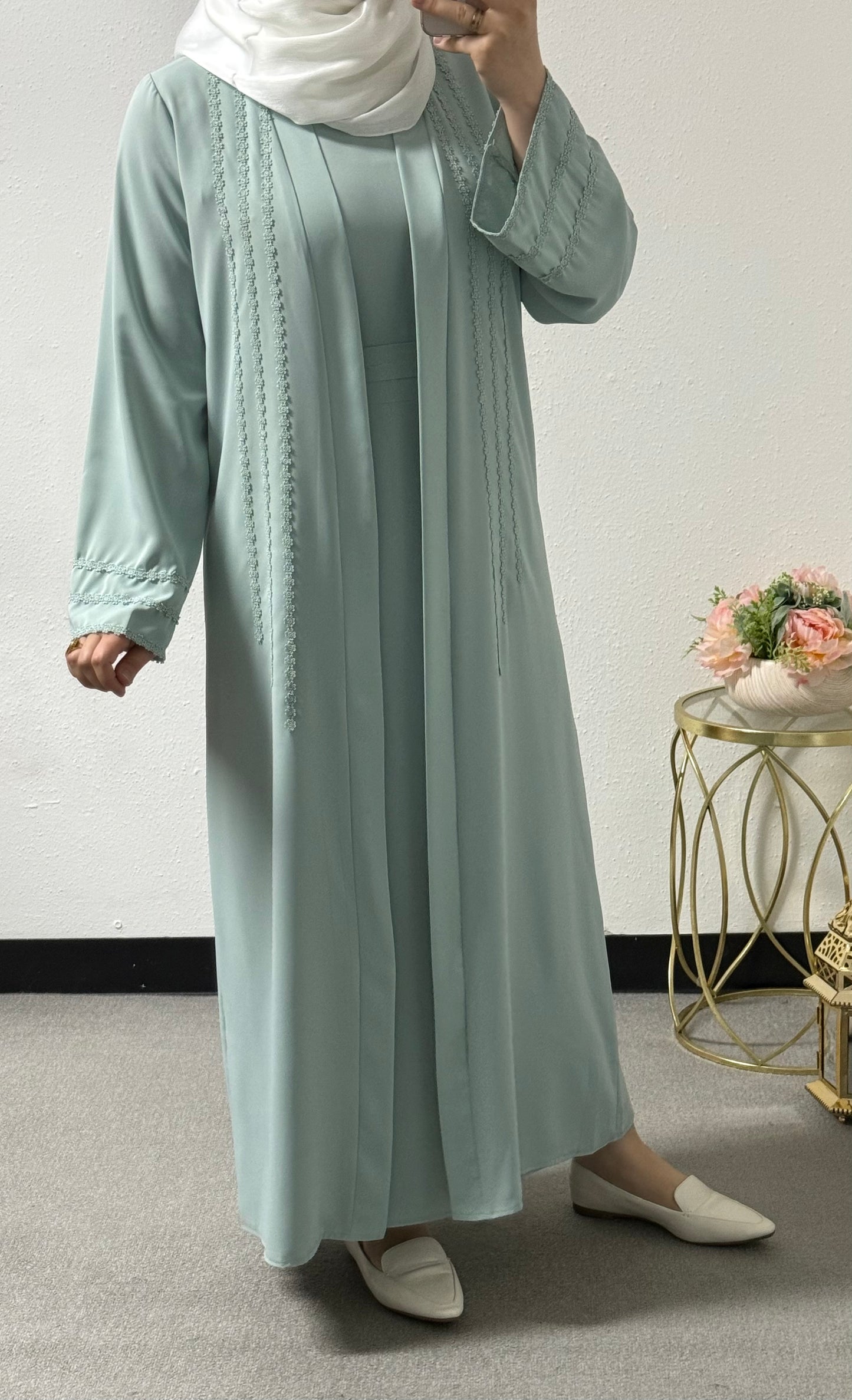 Two piece flower lace abaya