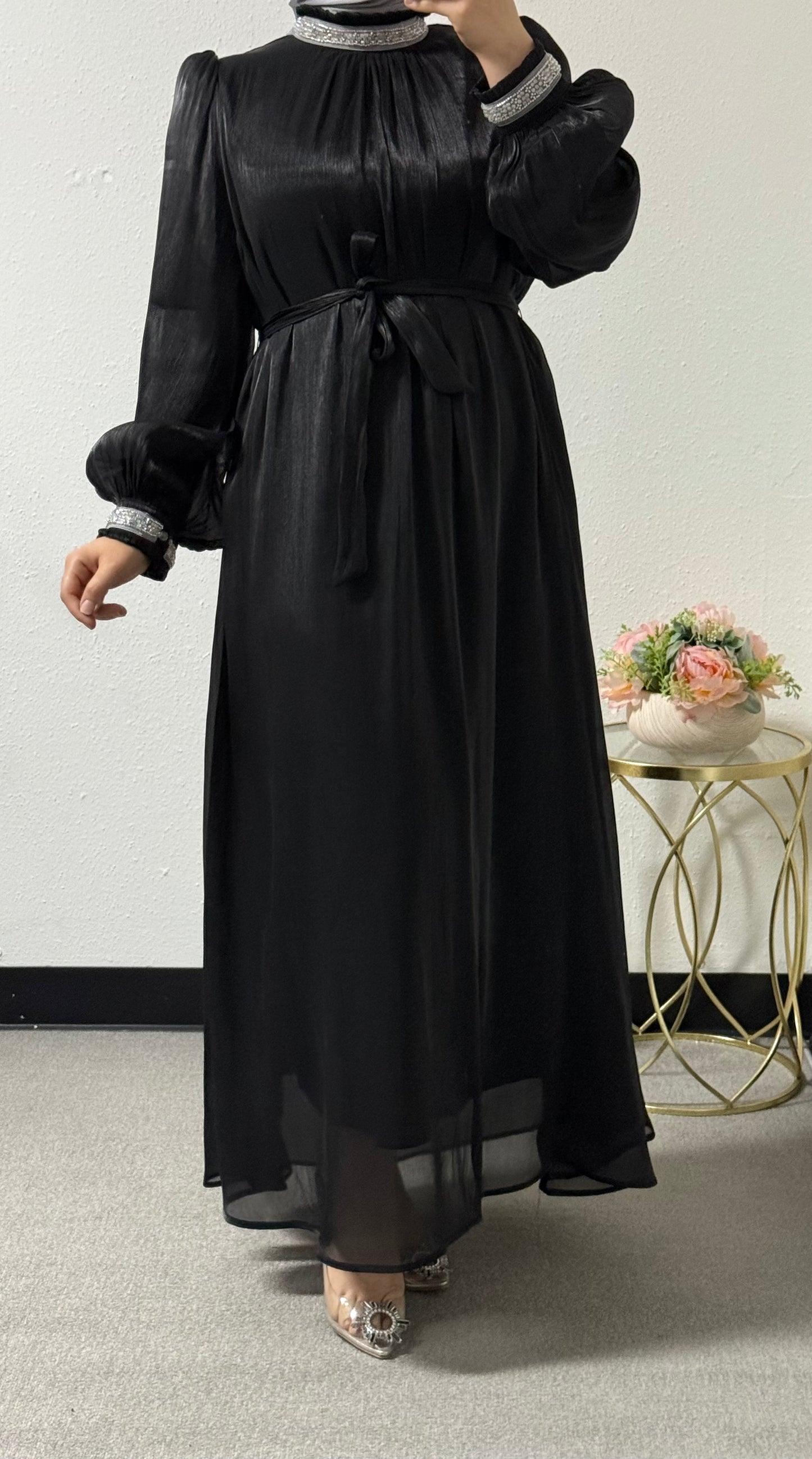 Eid Organza Dress with Accessories on the Neck and Sleeves