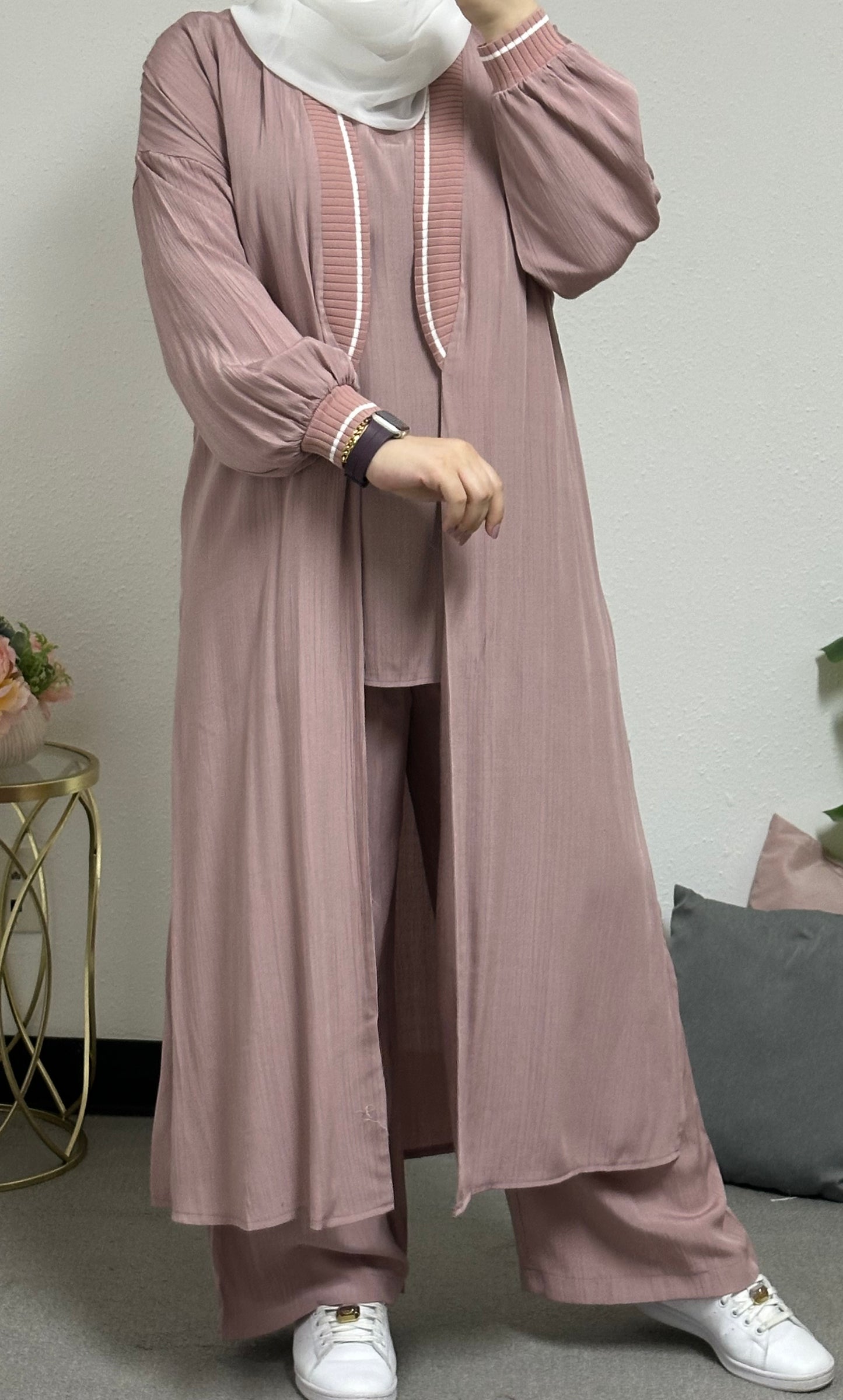 Three-piece set including a long cardigan, inner blouse, and pants