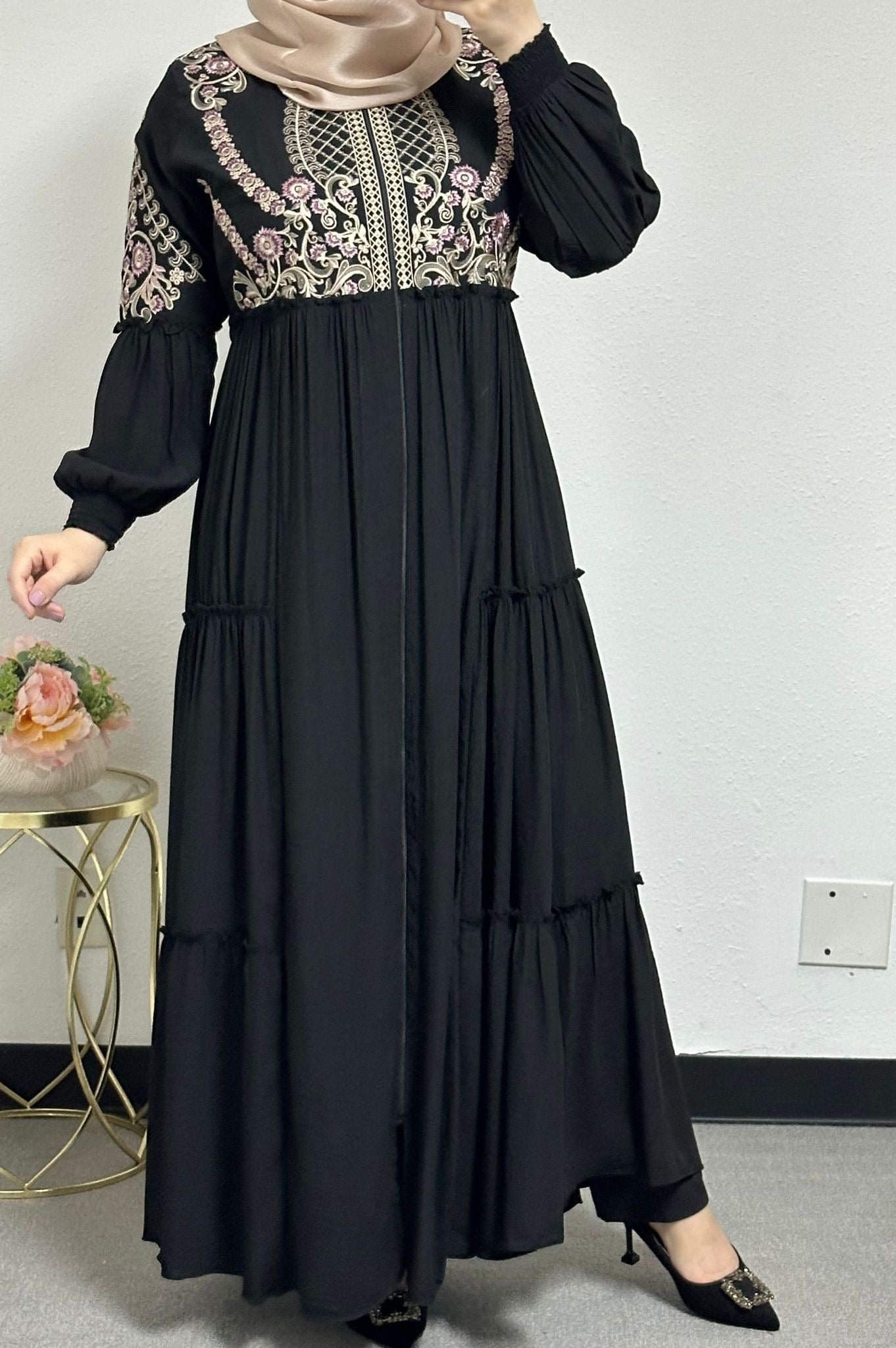 Embroidered Cloak Abaya with Back Belt