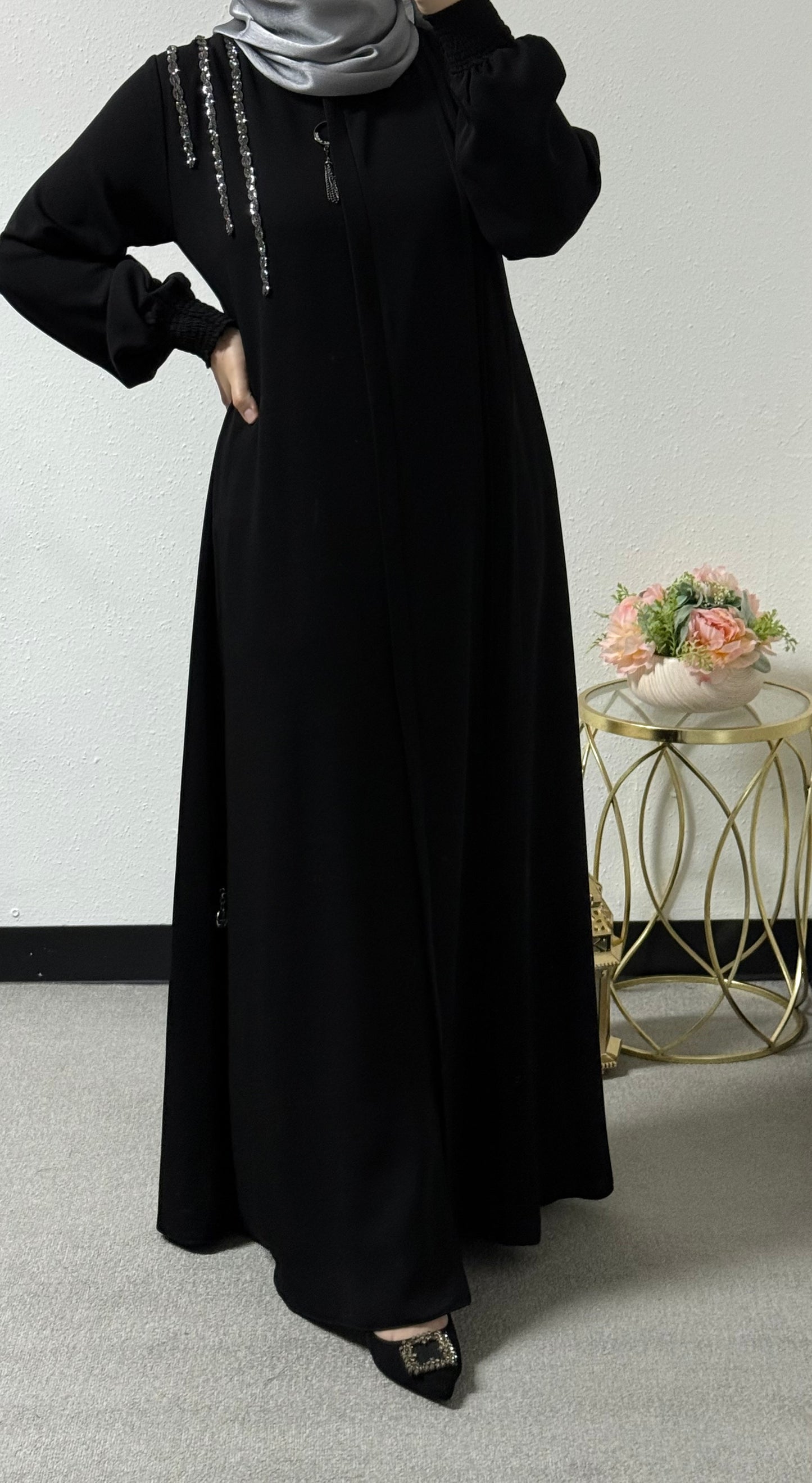 One piece abaya with sliver beading