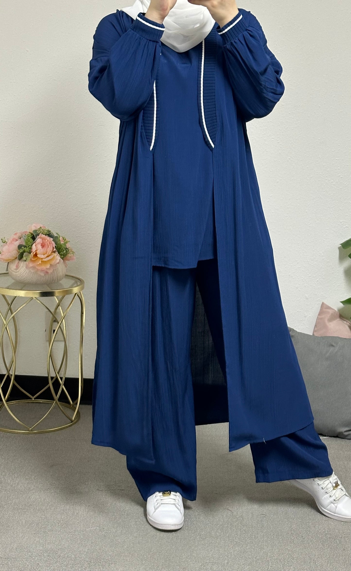 Three-piece set including a long cardigan, inner blouse, and pants